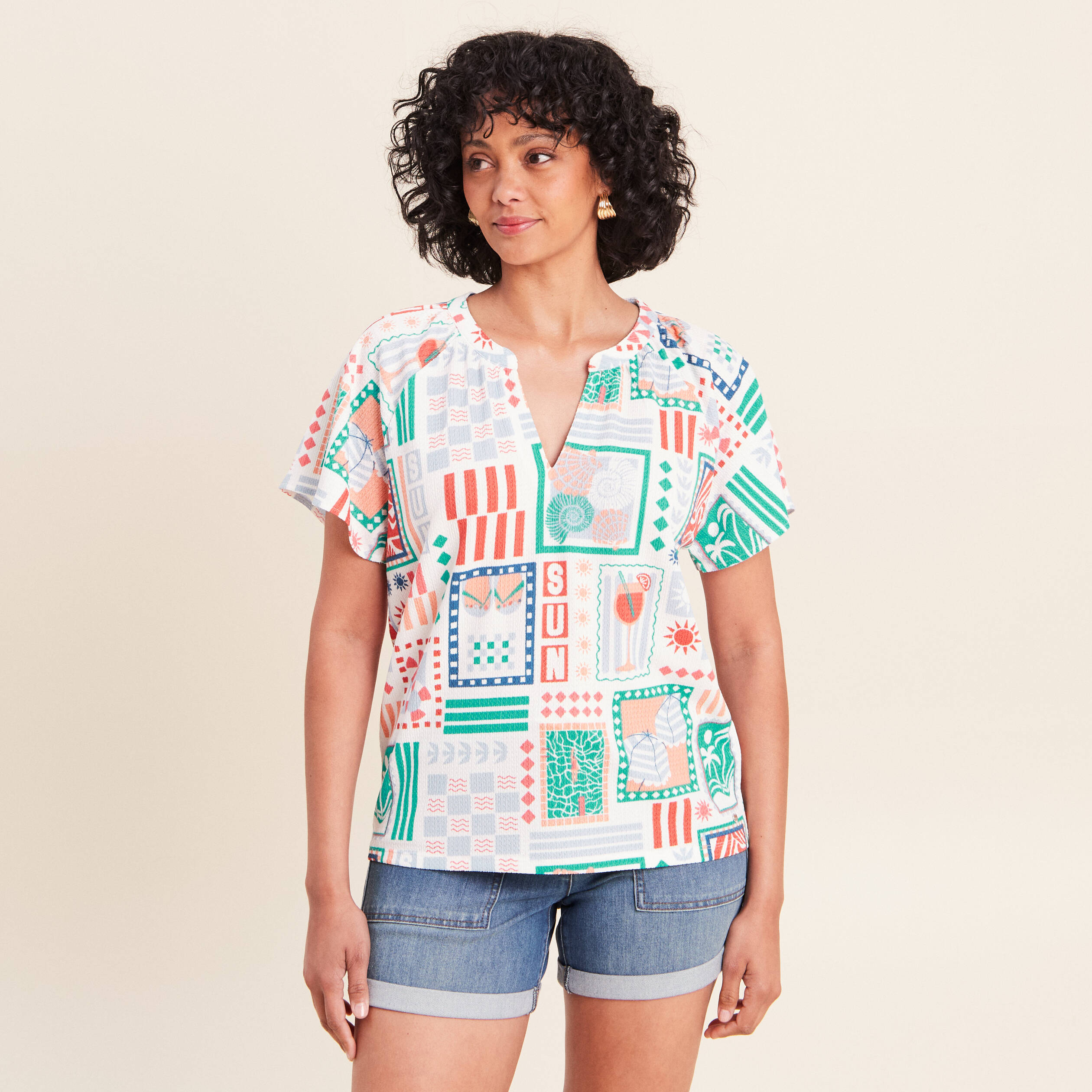 Blouse col tunisien manches courtes bleu femme