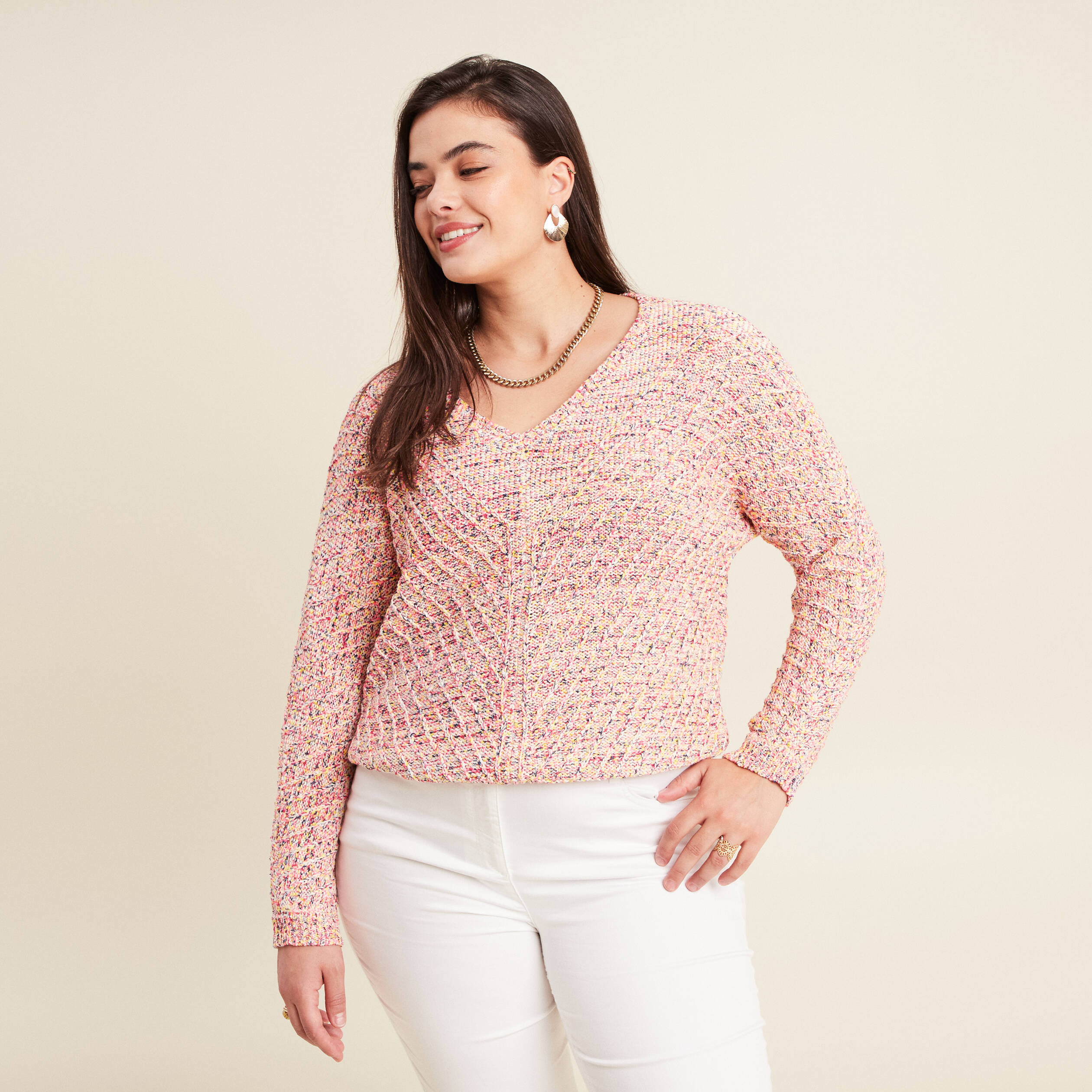 Pull manches longues rose fushia femme
