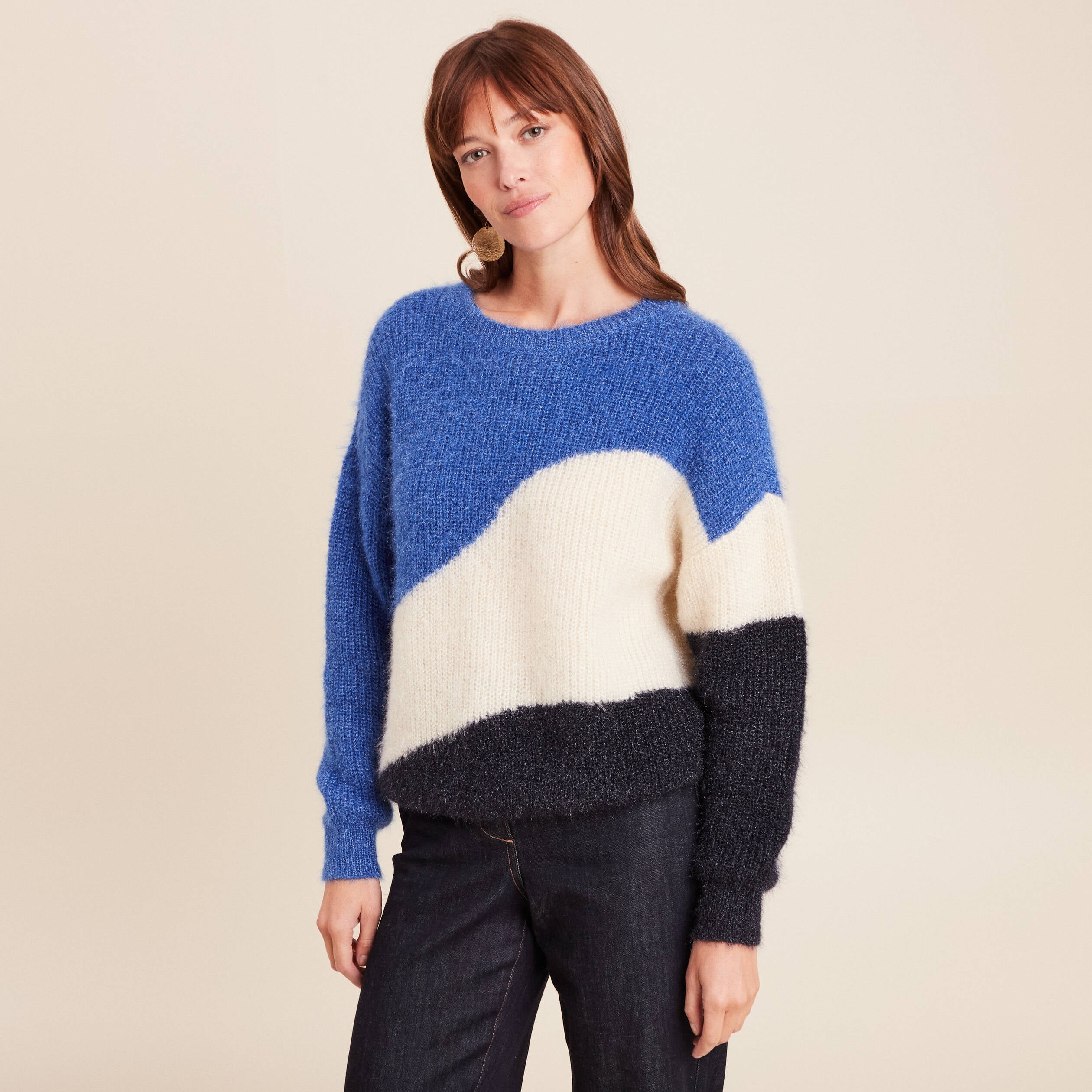 Pull col rond manches longues ecru femme