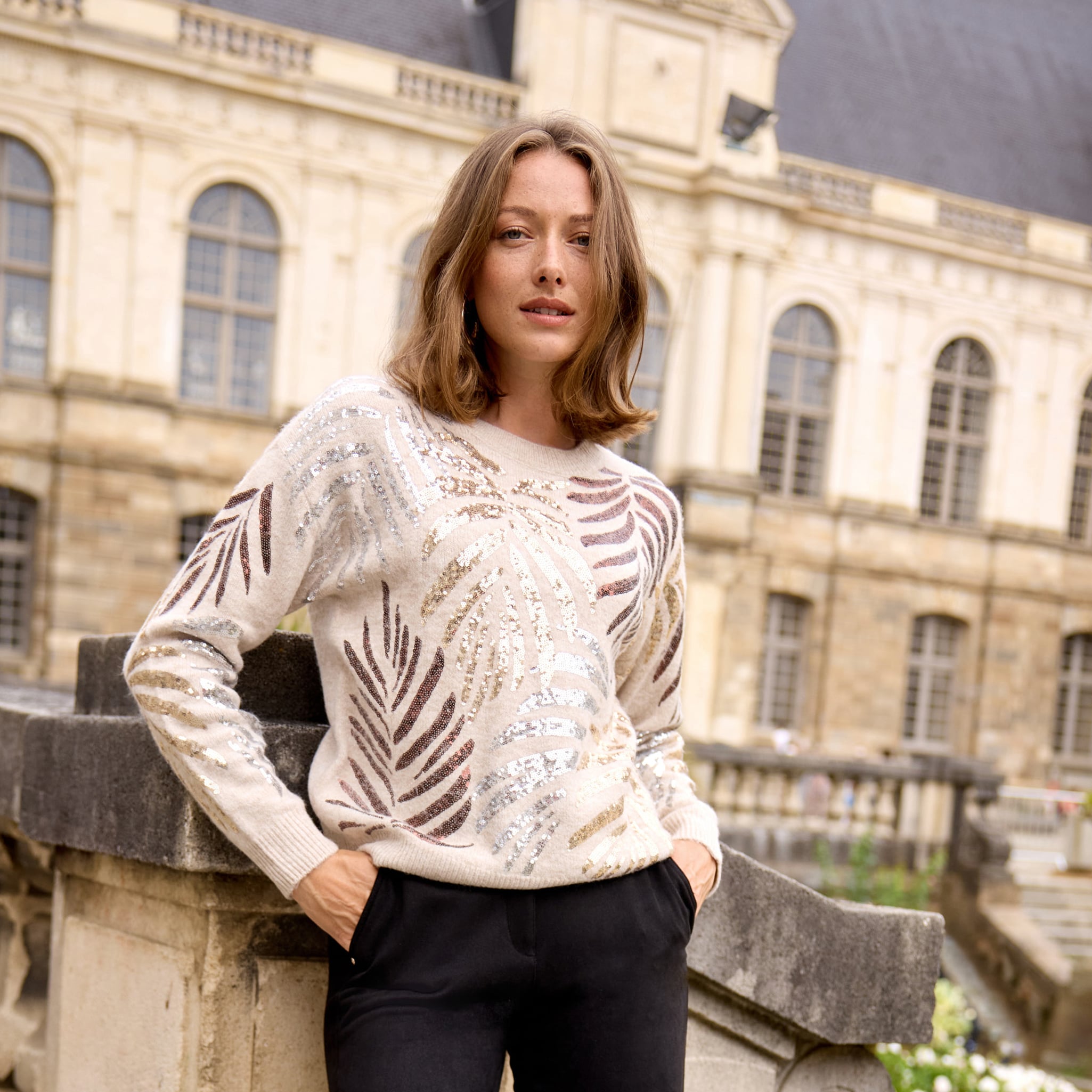 Pull col rond &agrave; sequins couleur or femme