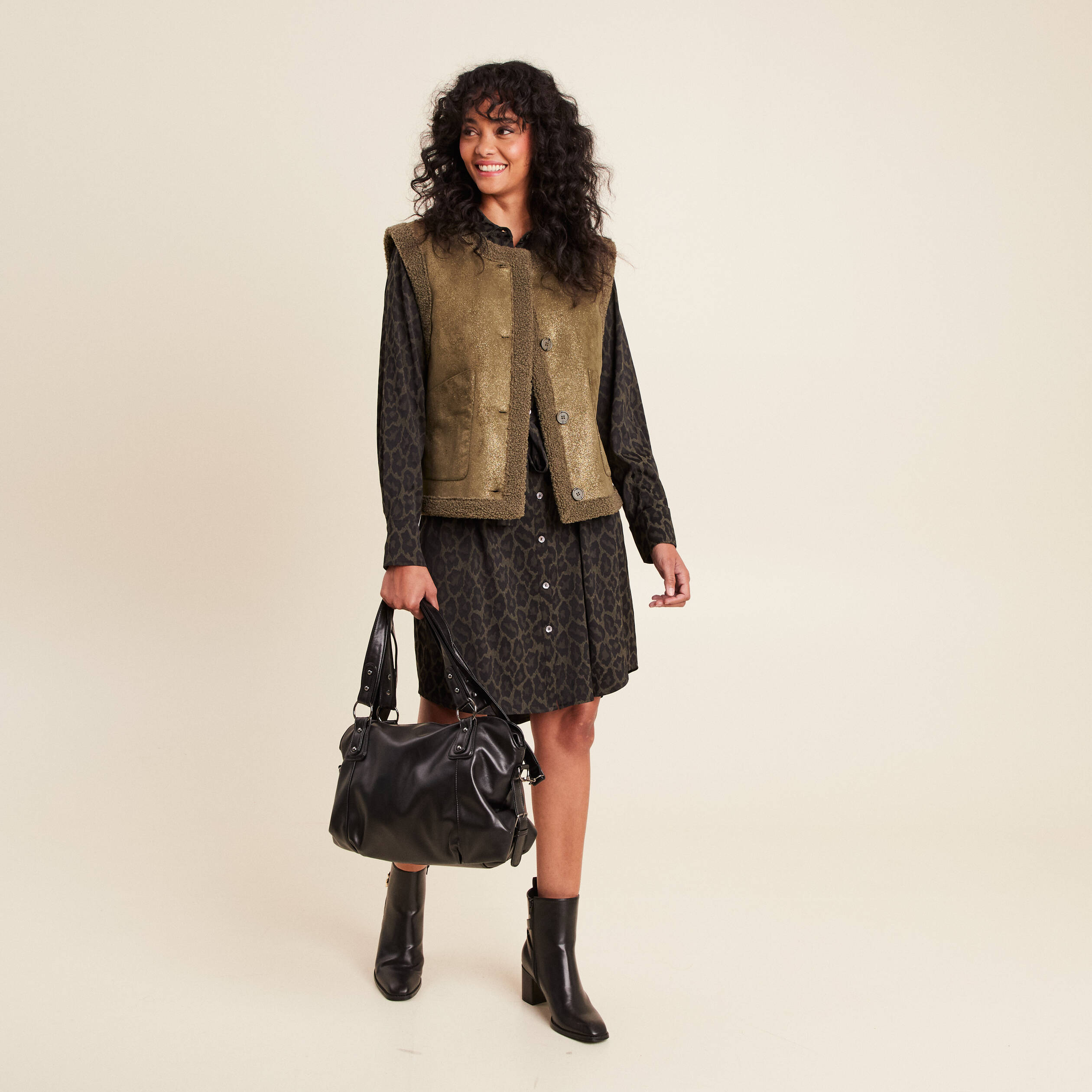 Gilet r&eacute;versible laine mouton vert kaki femme