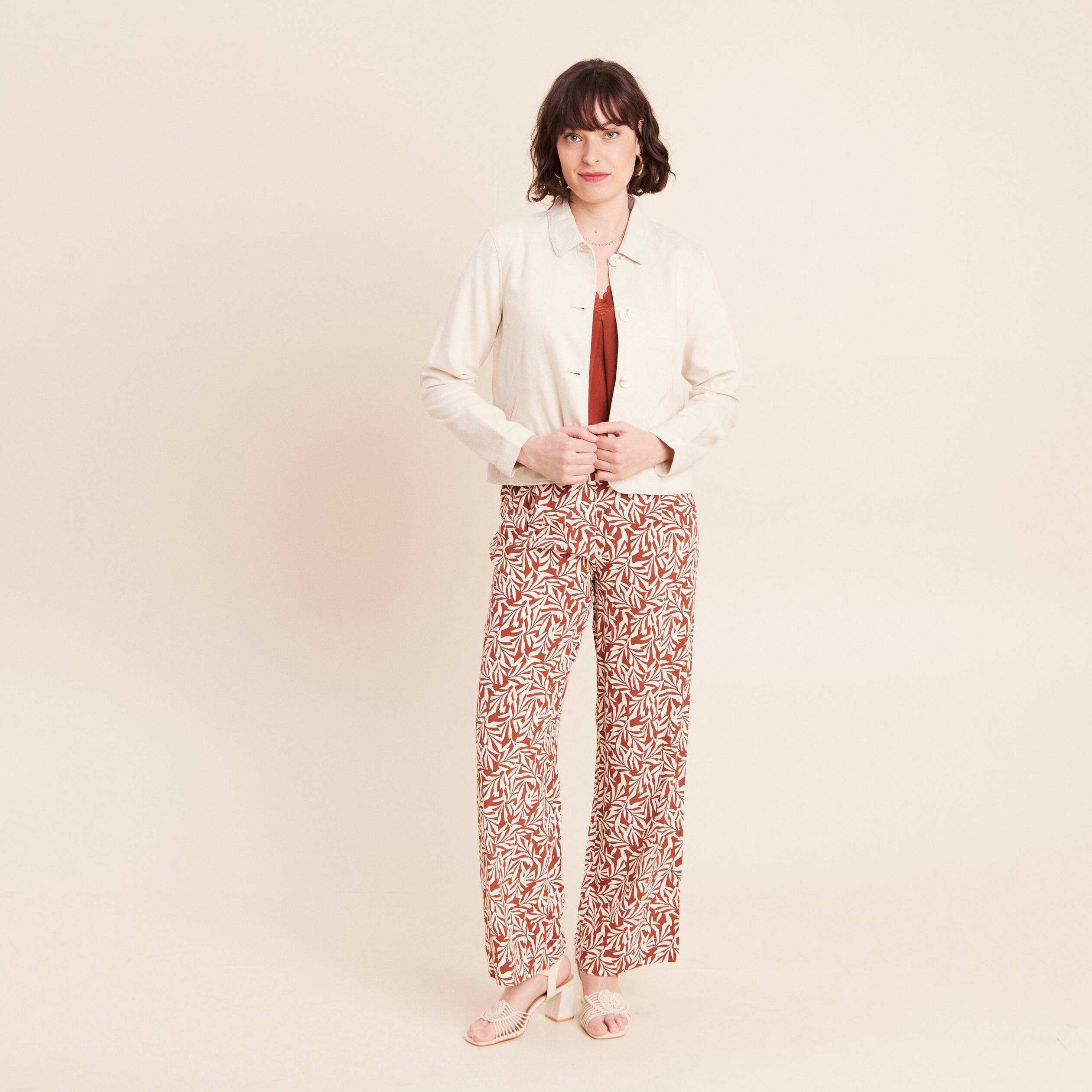 Pantalon large taille haute orange femme