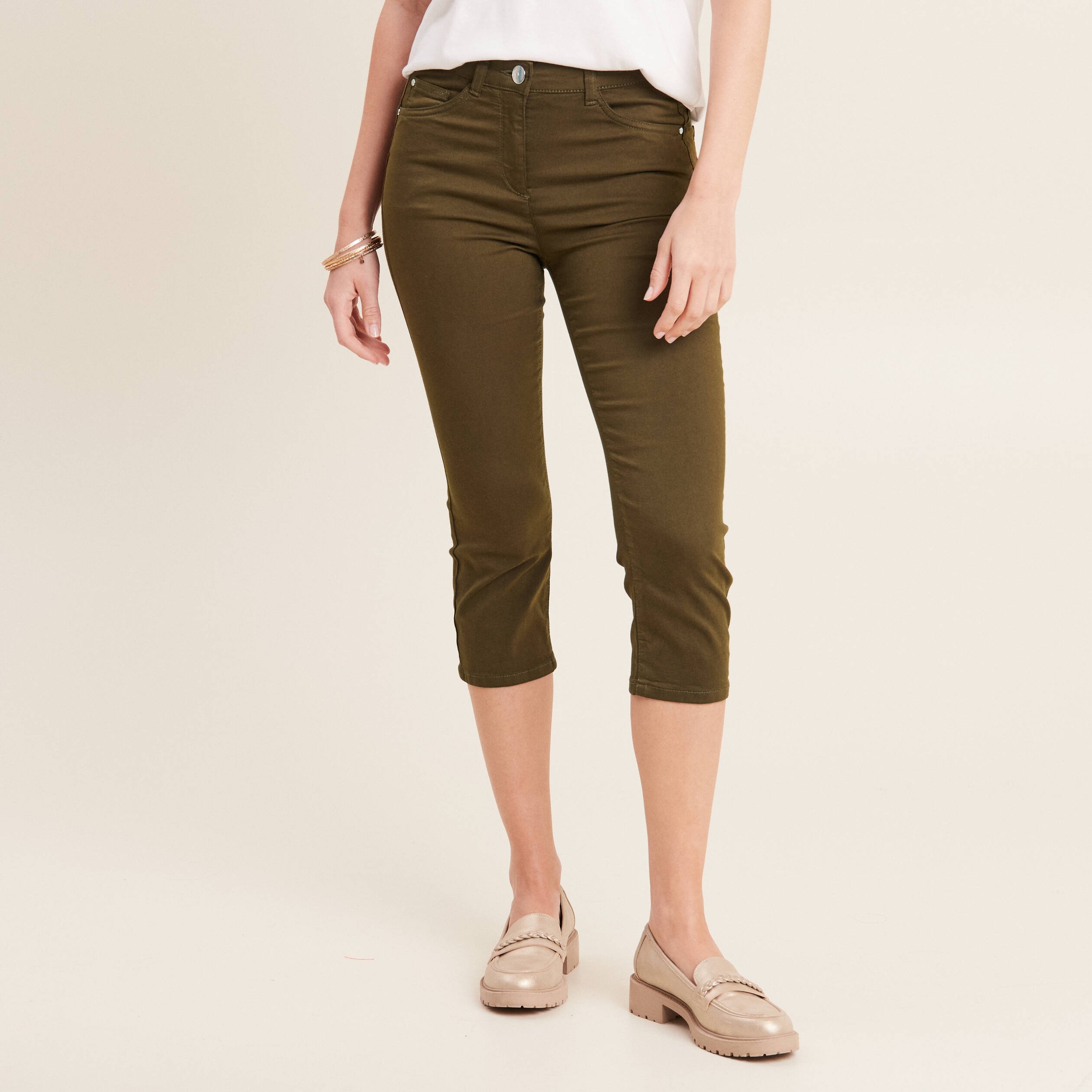Pantacourt droit taille standard vert kaki femme Breal
