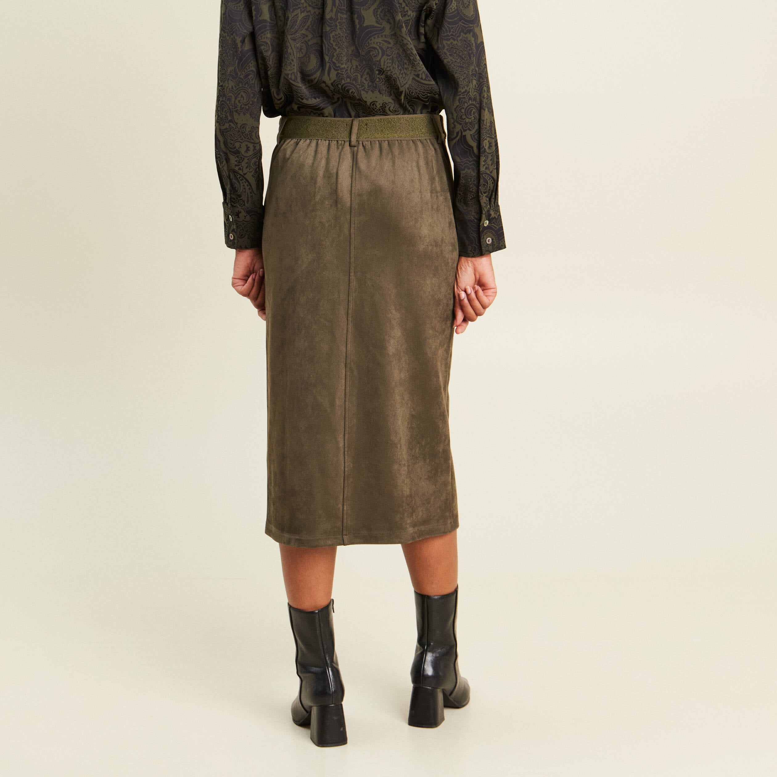 Jupe longue droite su&eacute;dine vert kaki femme