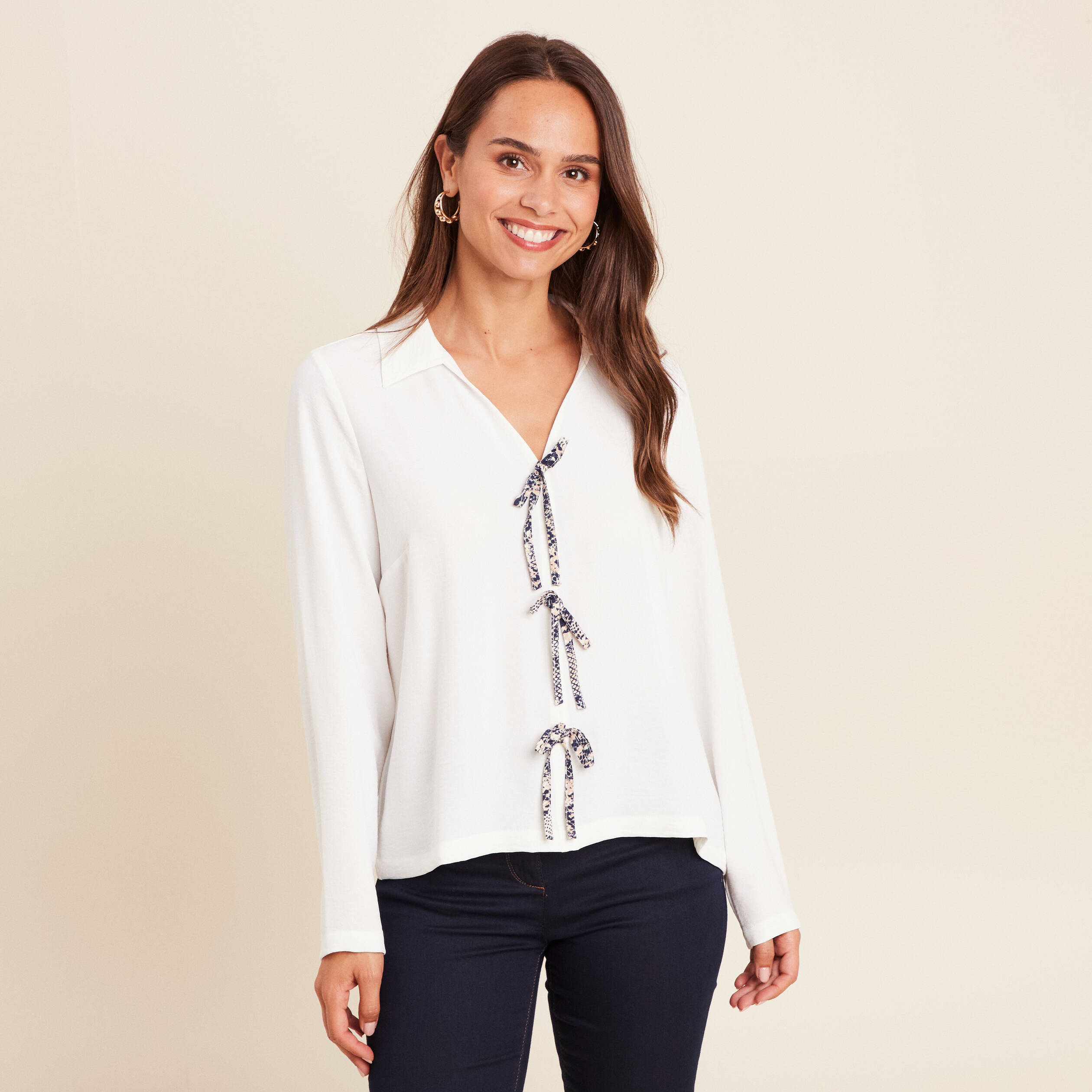 Blouse ample courte col chemise ecru femme Bréal