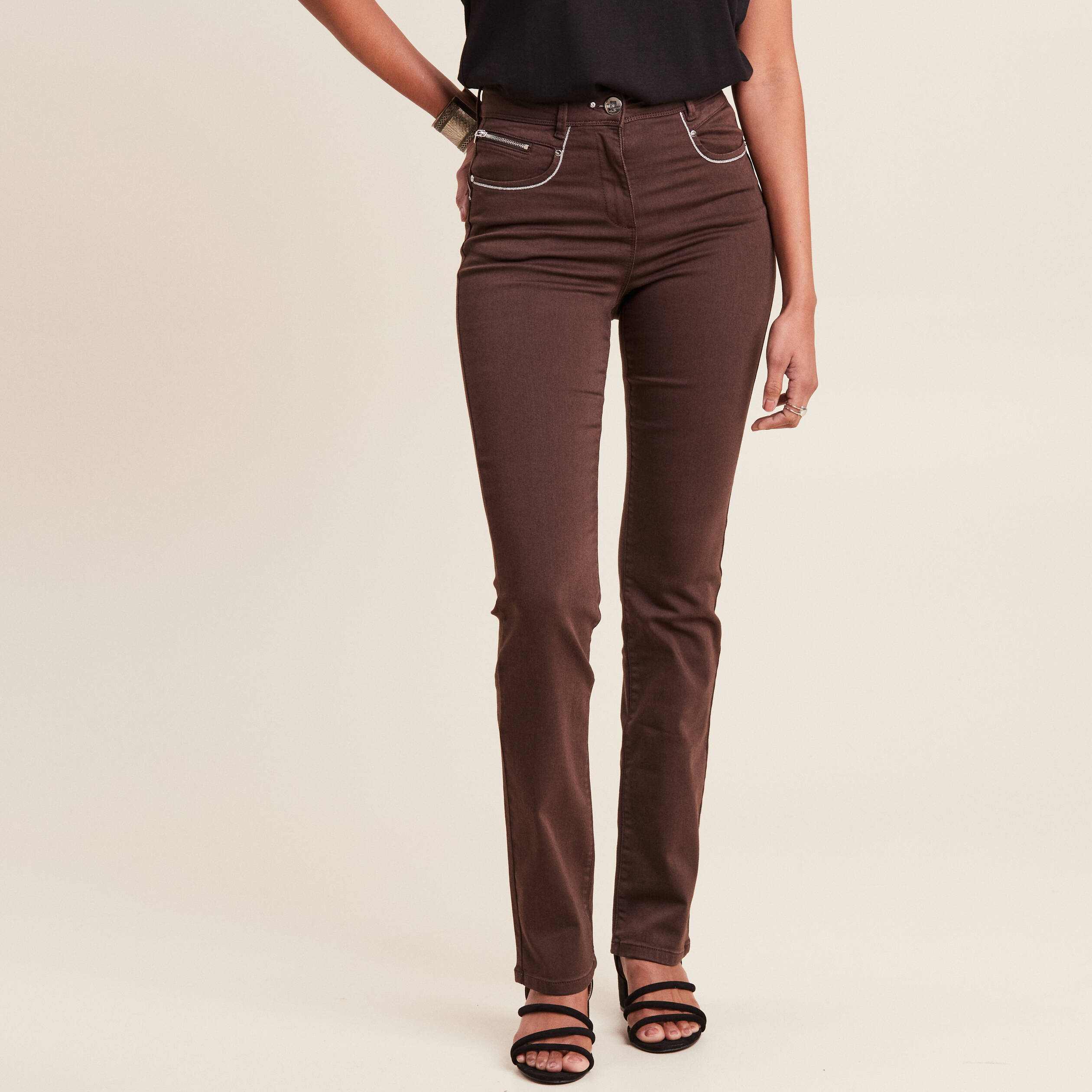 Pantalon évasé taille haute marron foncé femme