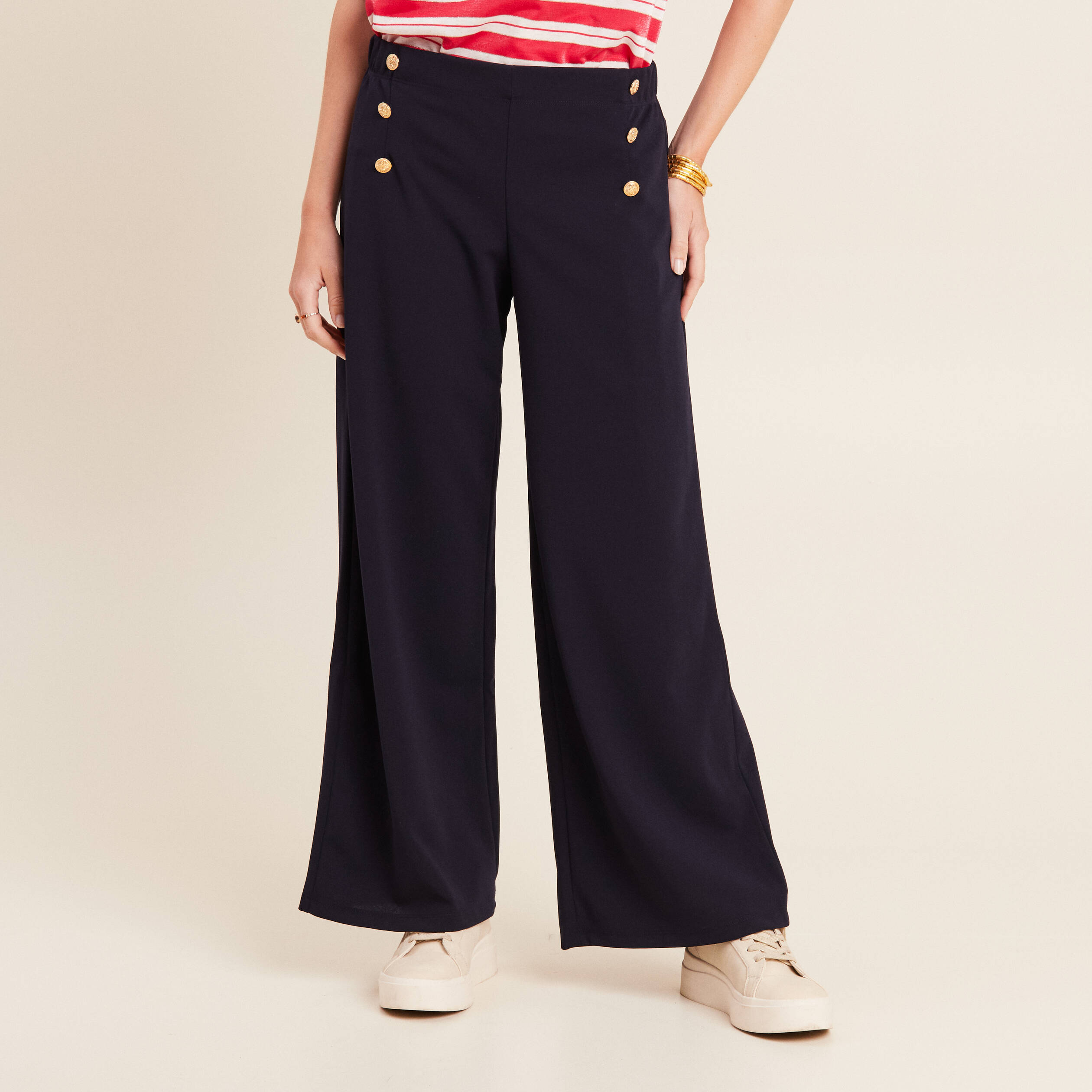 Pantalon coupe large &agrave; pont bleu fonc&eacute; femme