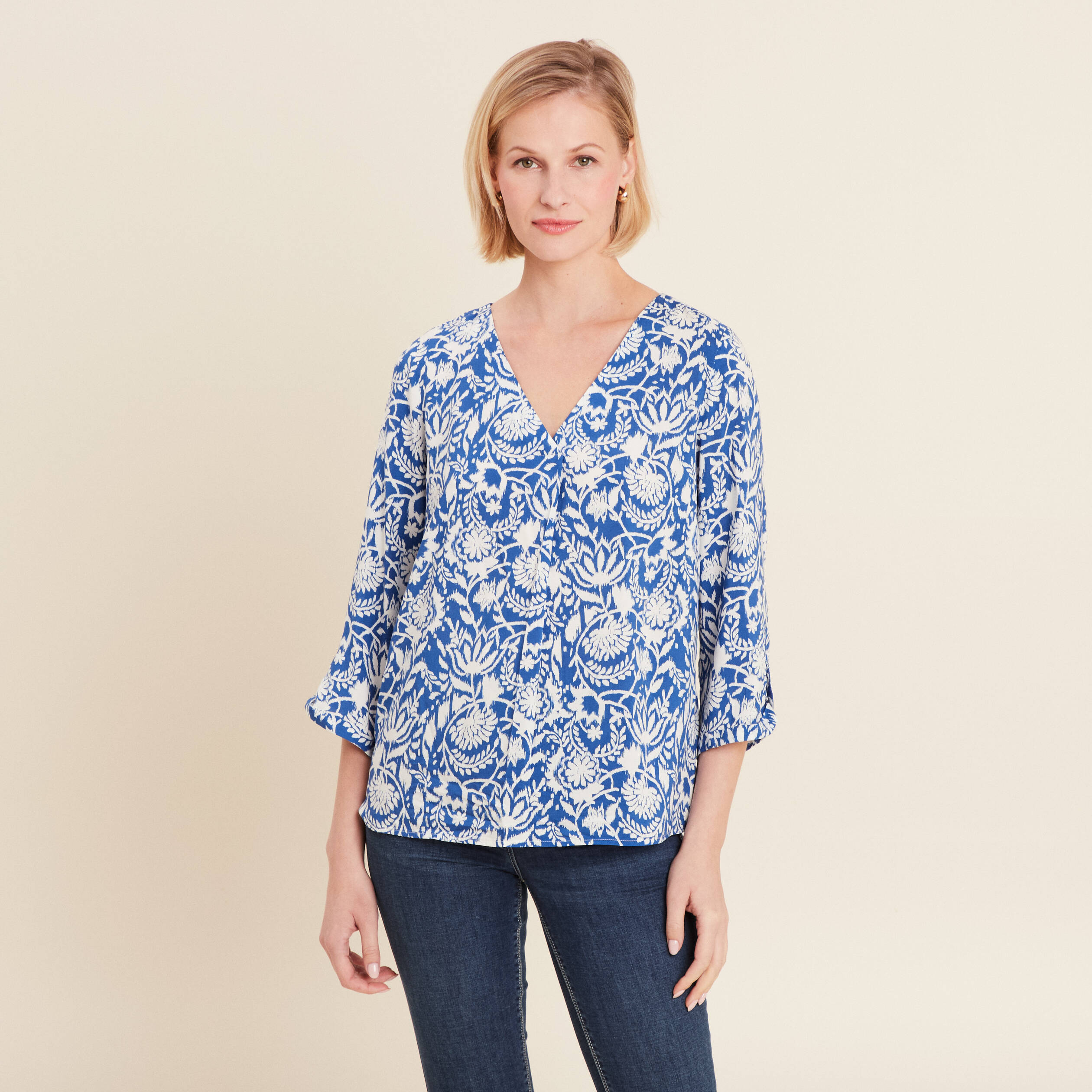 Blouse manches 3/4 bleu femme