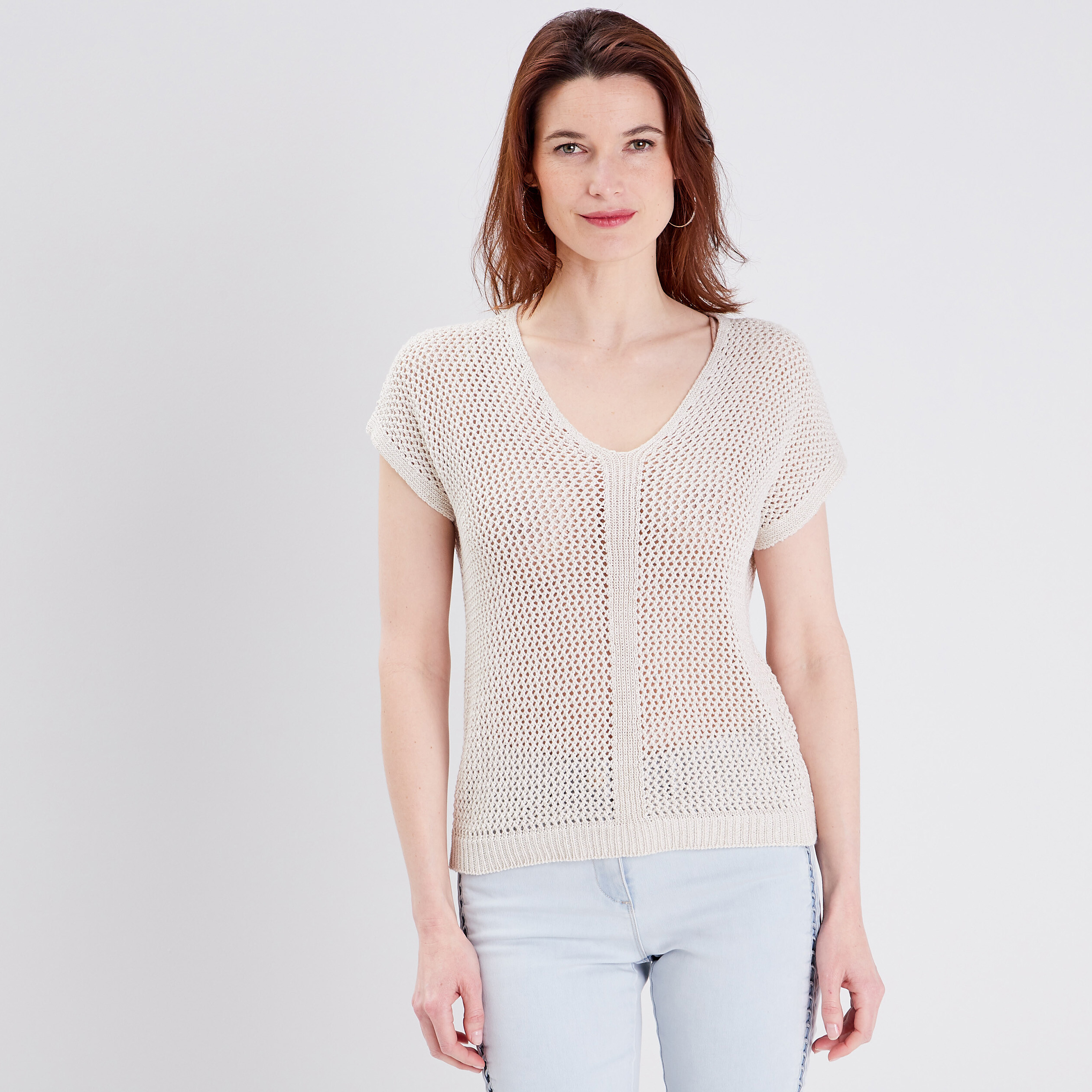 Pull manches courtes ajouré ecru femme