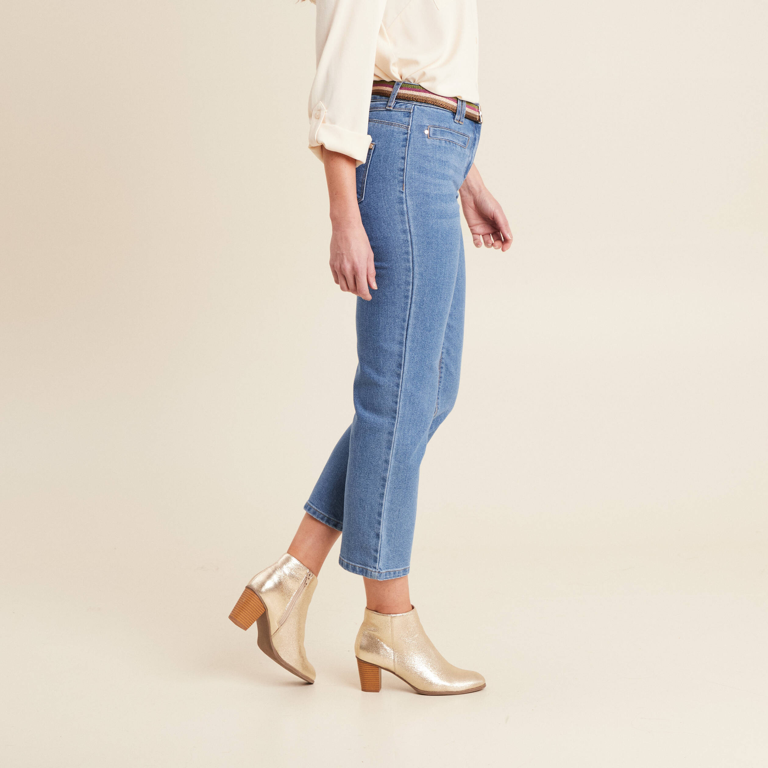Jean large ceinturé denim double stone femme
