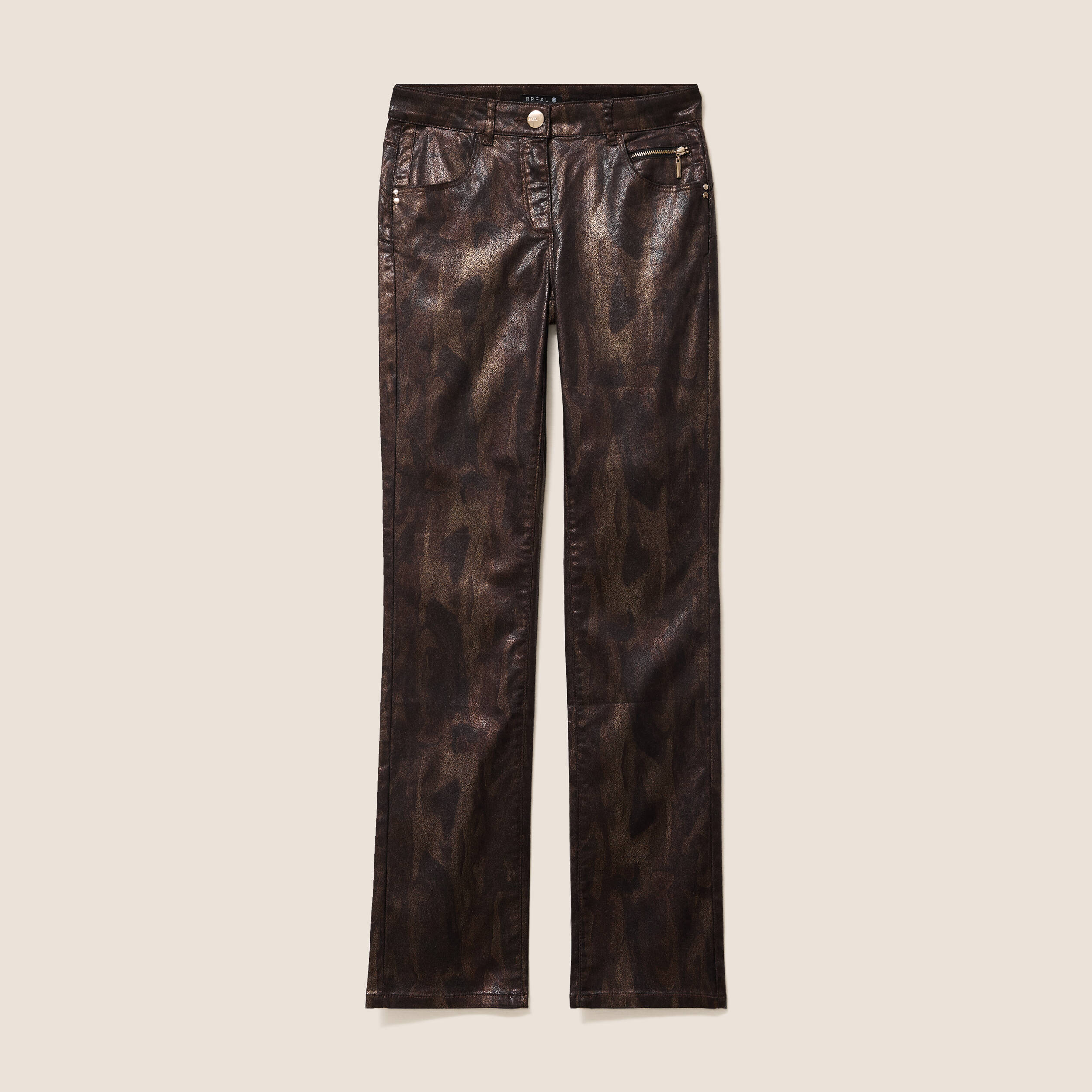 Pantalon taille bascul&eacute;e enduit marron fonc&eacute; femme