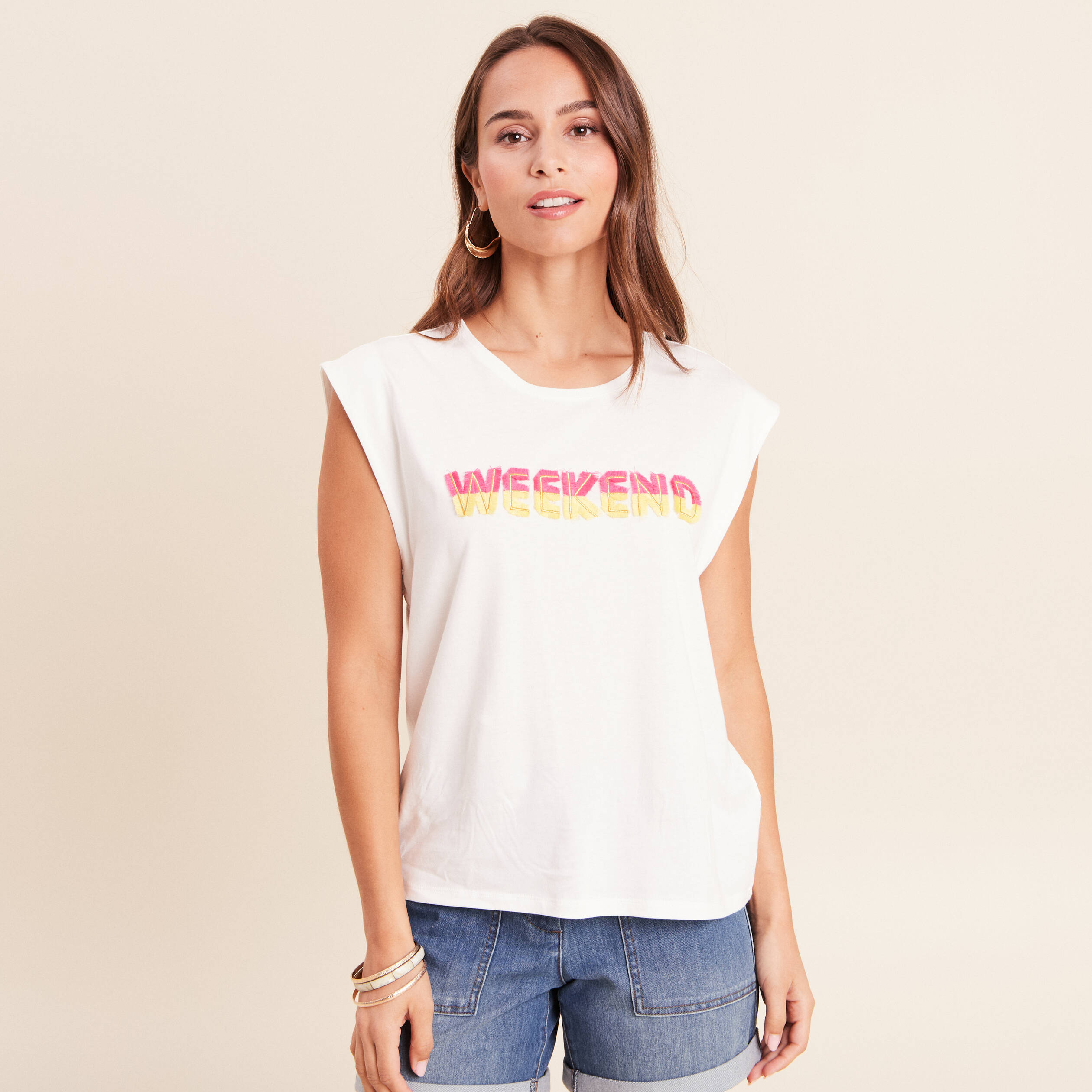 T-shirt col rond sans manches ecru femme