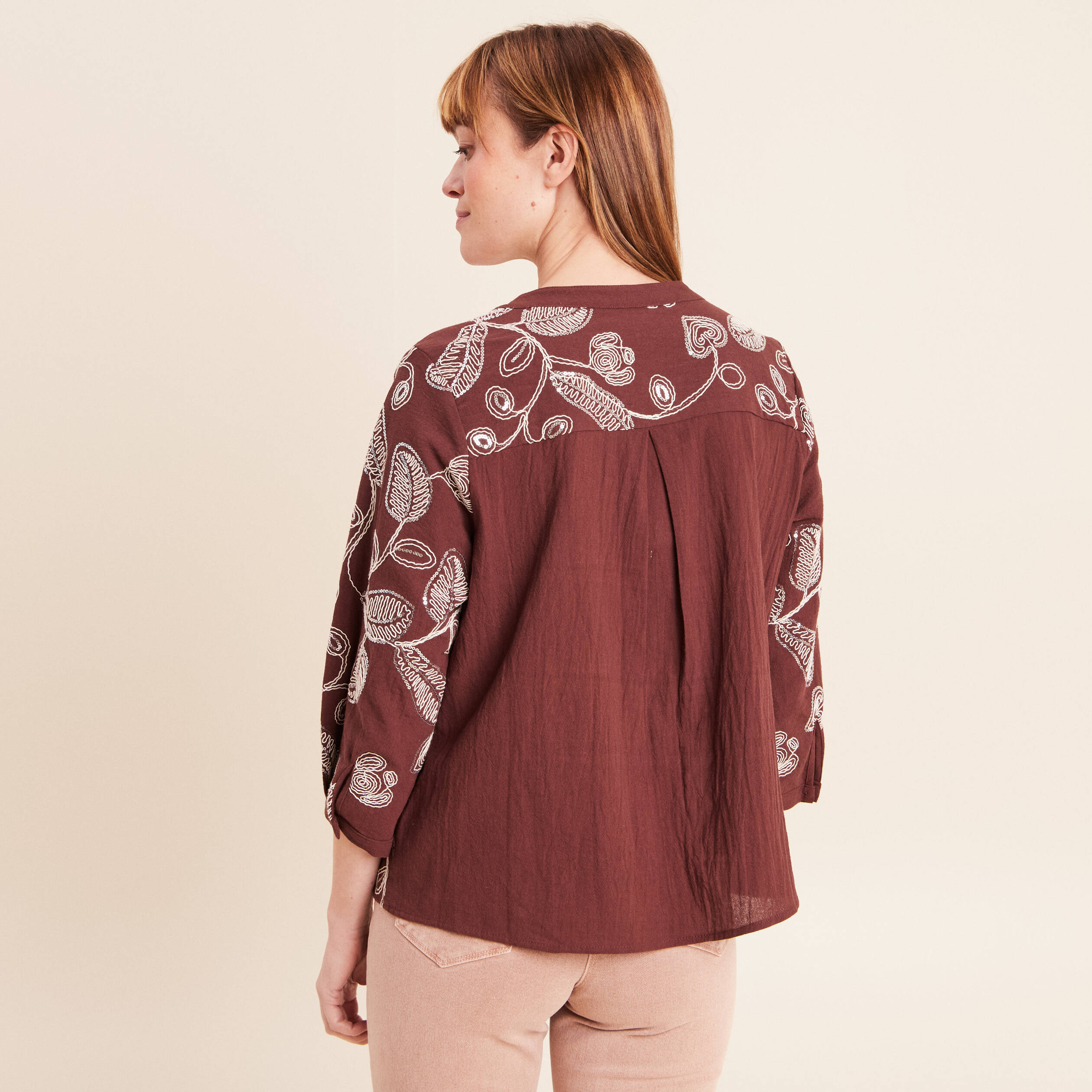 Blouse col tunisien manches 3/4 marron femme