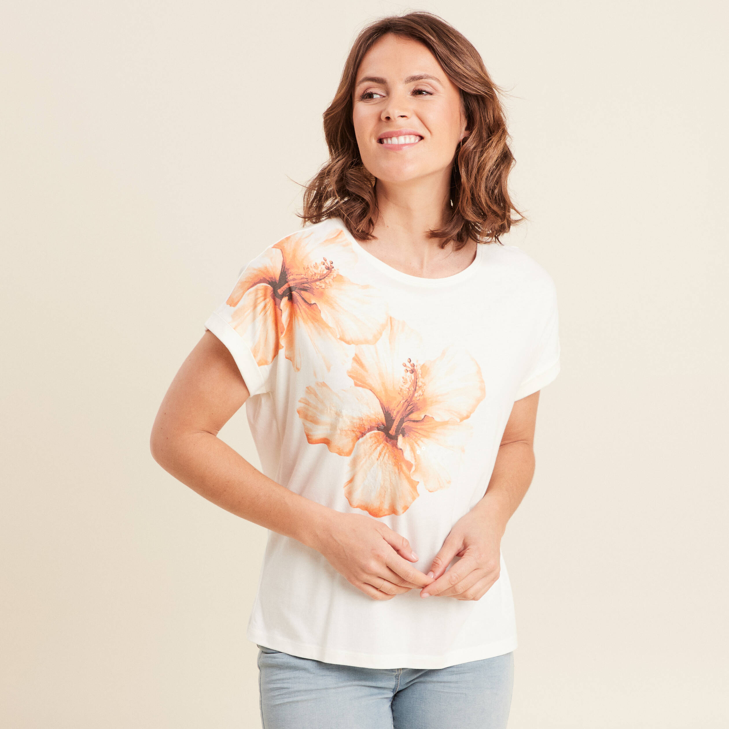 T-shirt manches courtes ecru femme