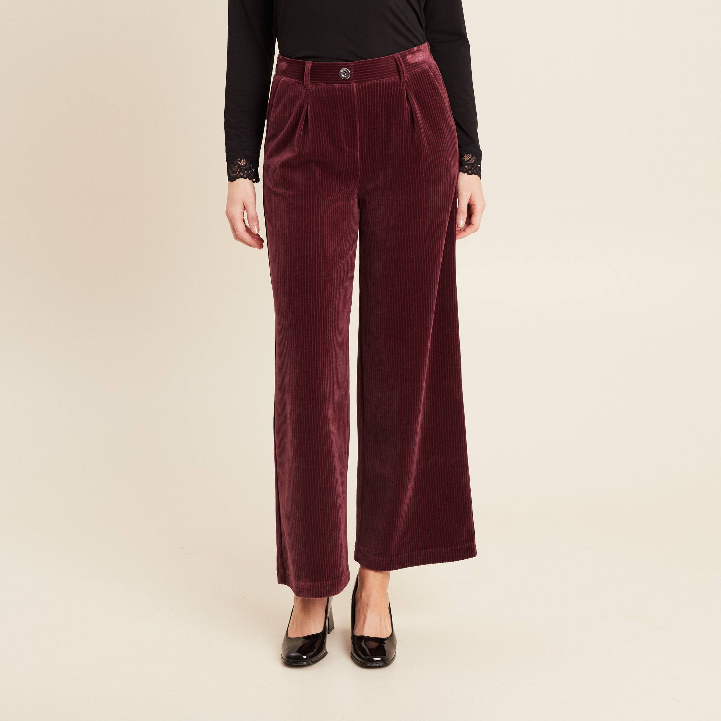 Pantalon large velours bordeaux femme