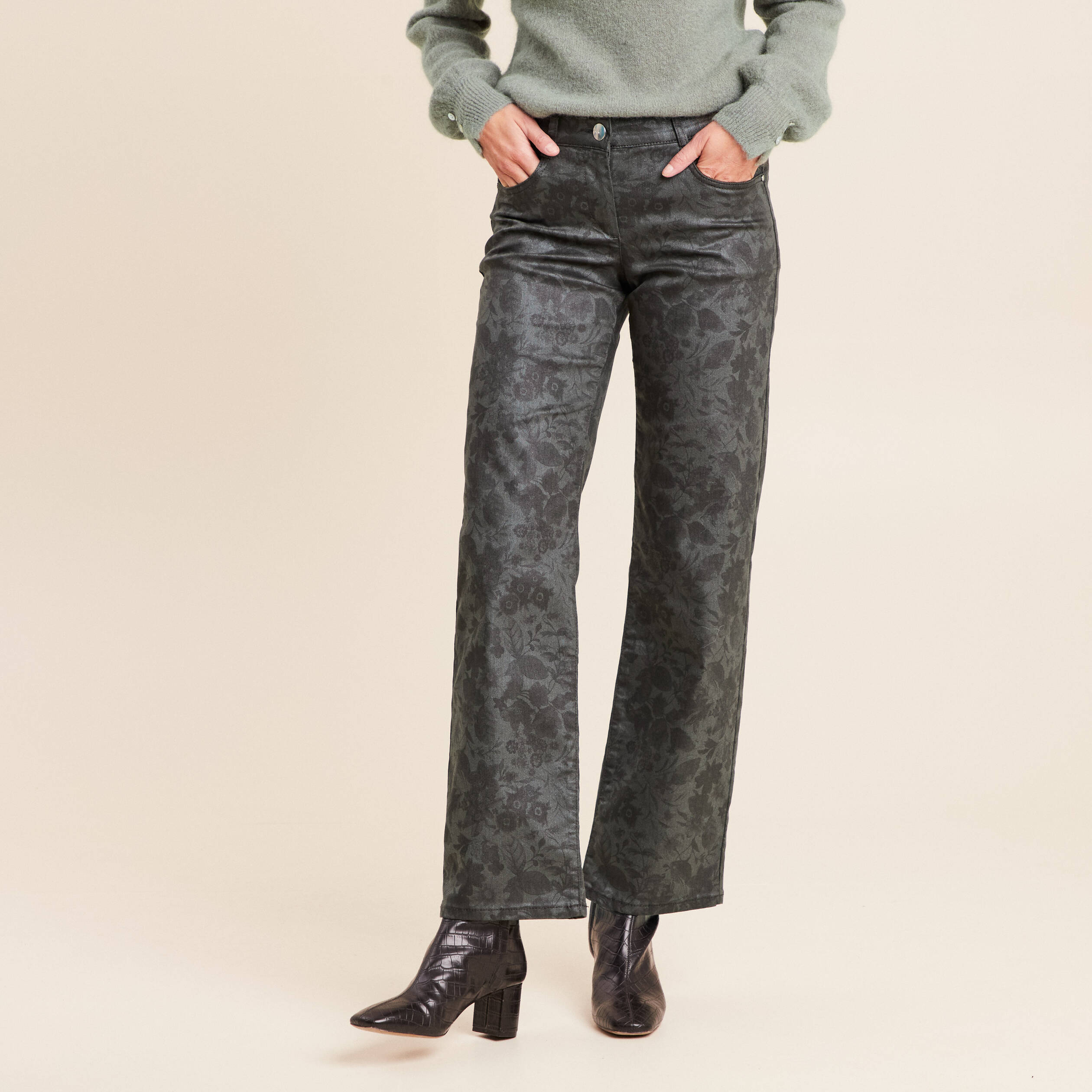 Pantalon taille bascul&eacute;e vert femme