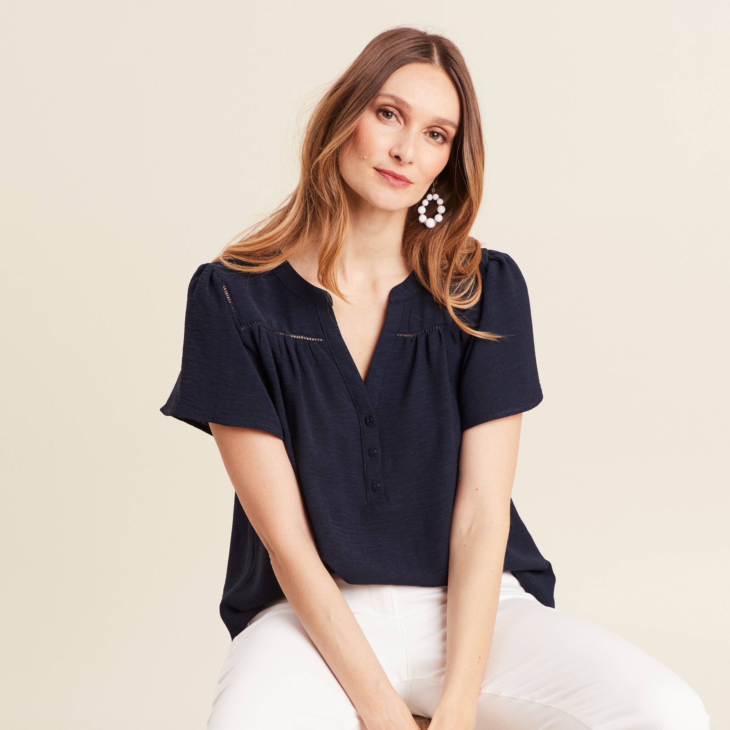 Blouse manches courtes bleu marine femme