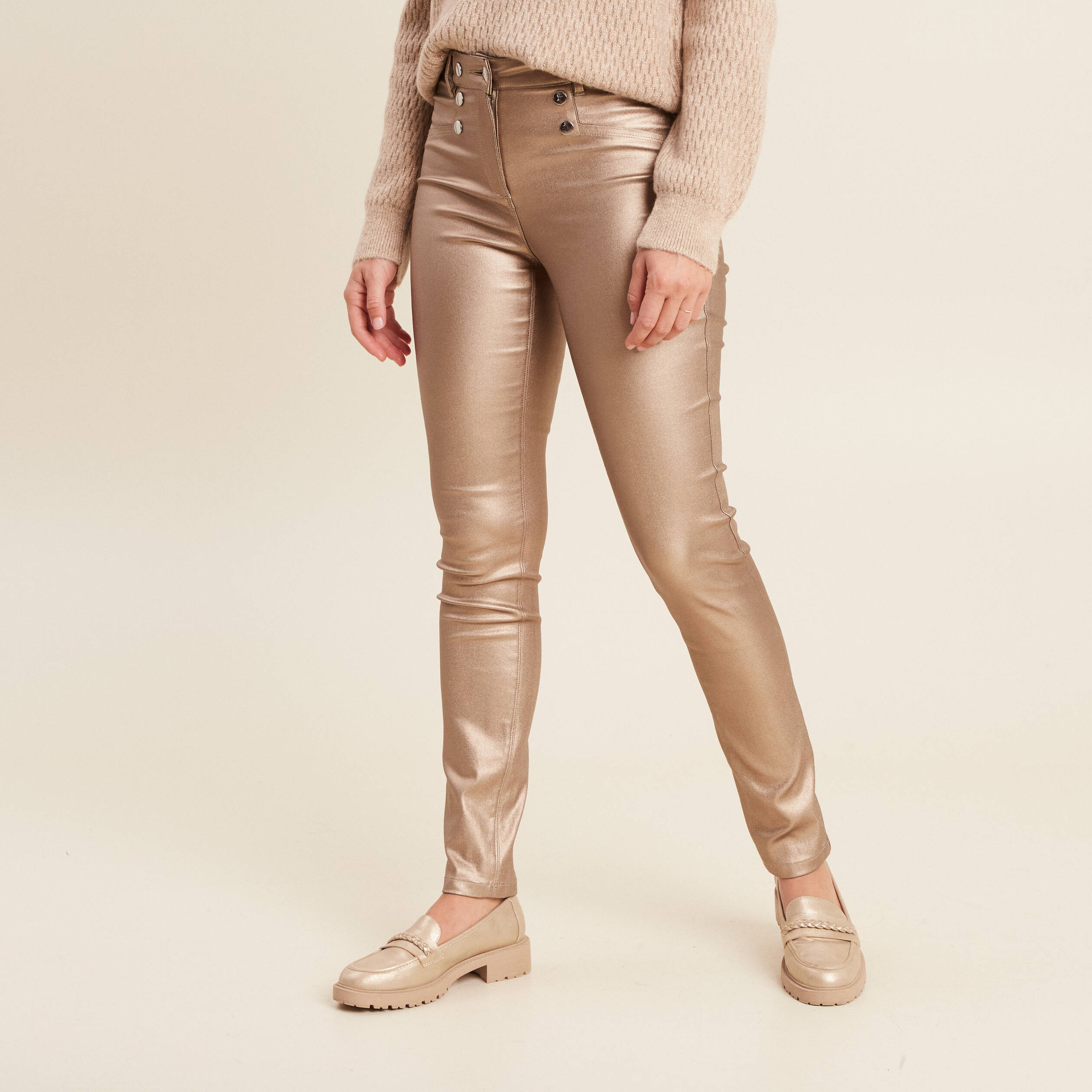 Pantalon ajusté enduit à pont taupe femme