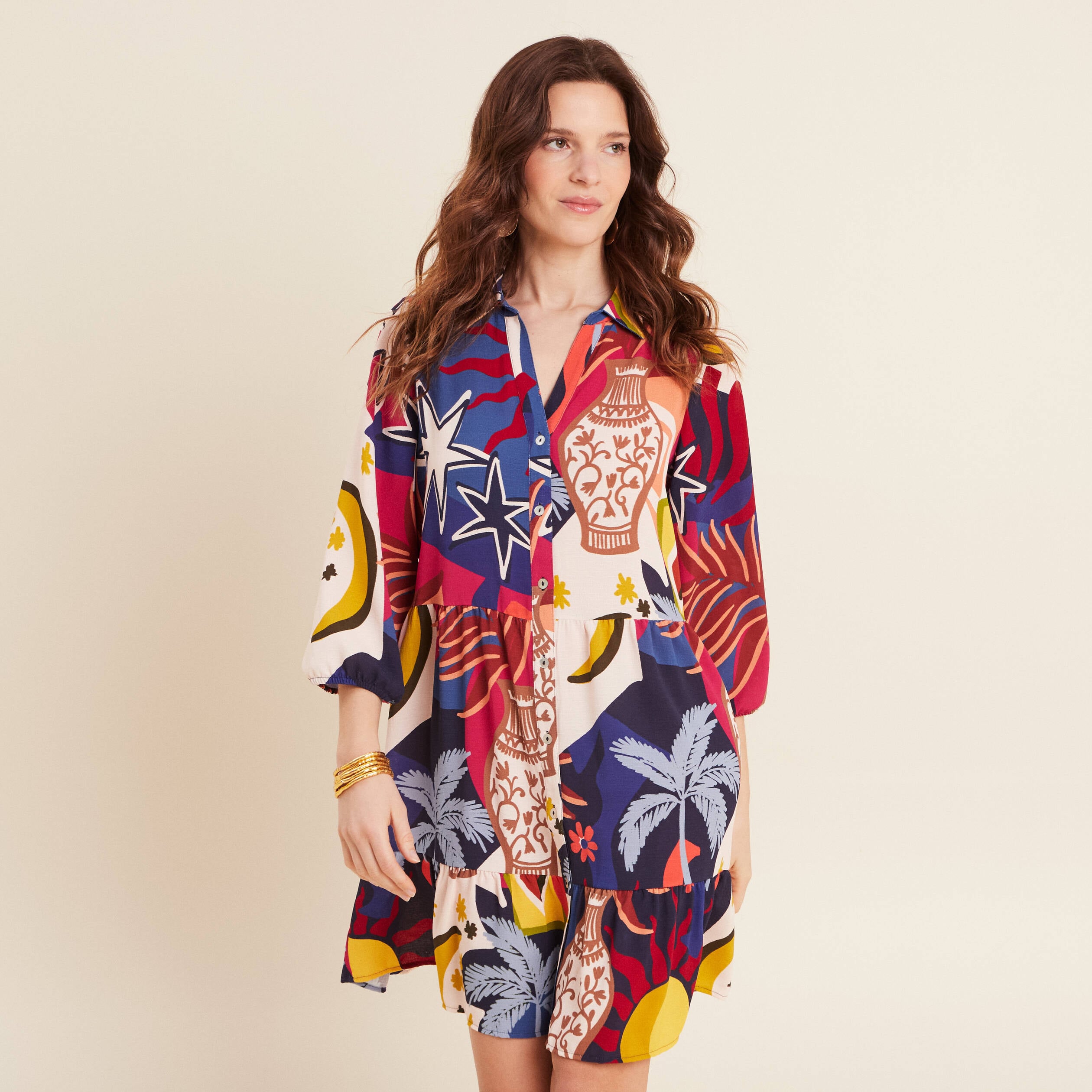 Robe courte &eacute;vas&eacute;e manches 3/4 bleu femme