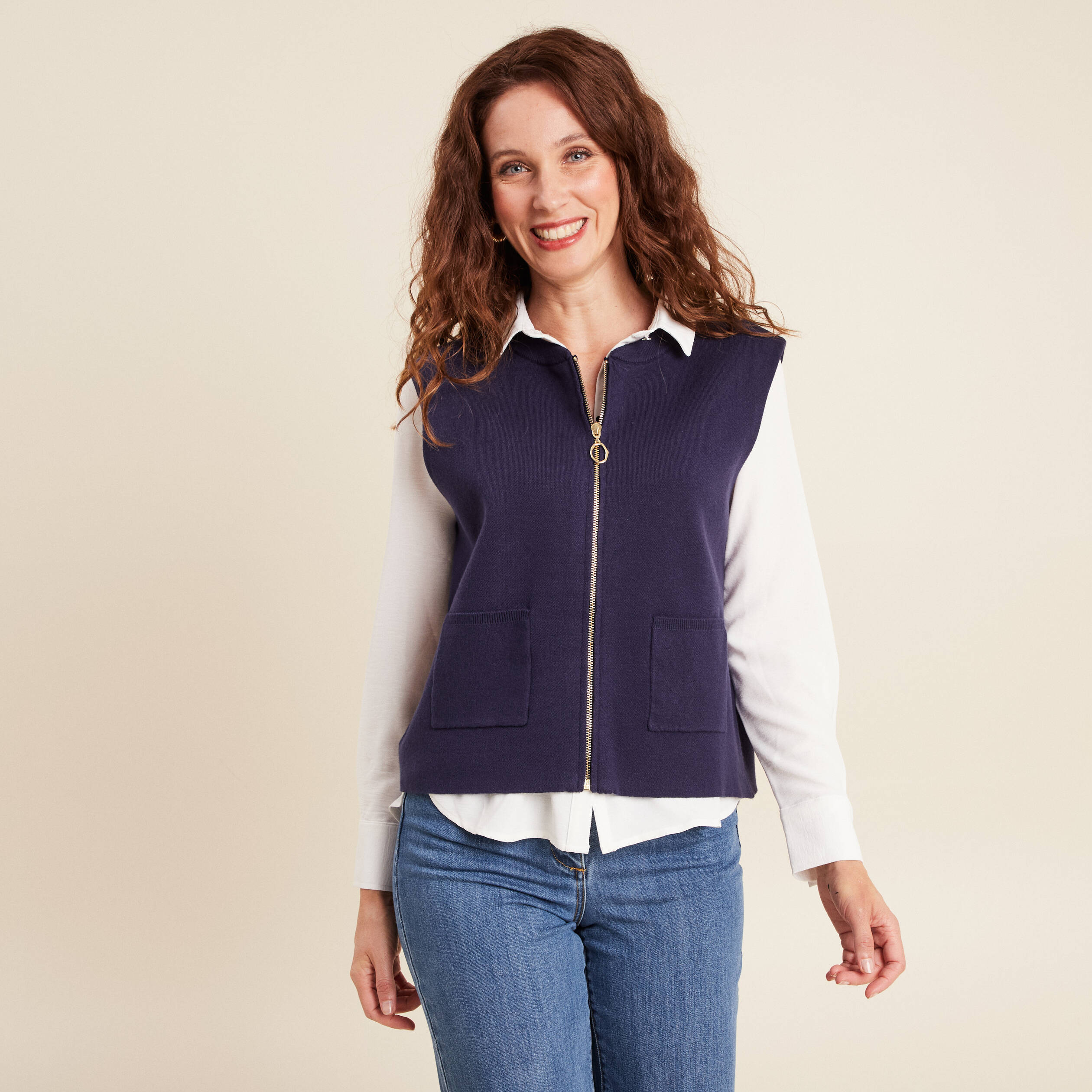 Gilet droit court sans manches bleu marine femme
