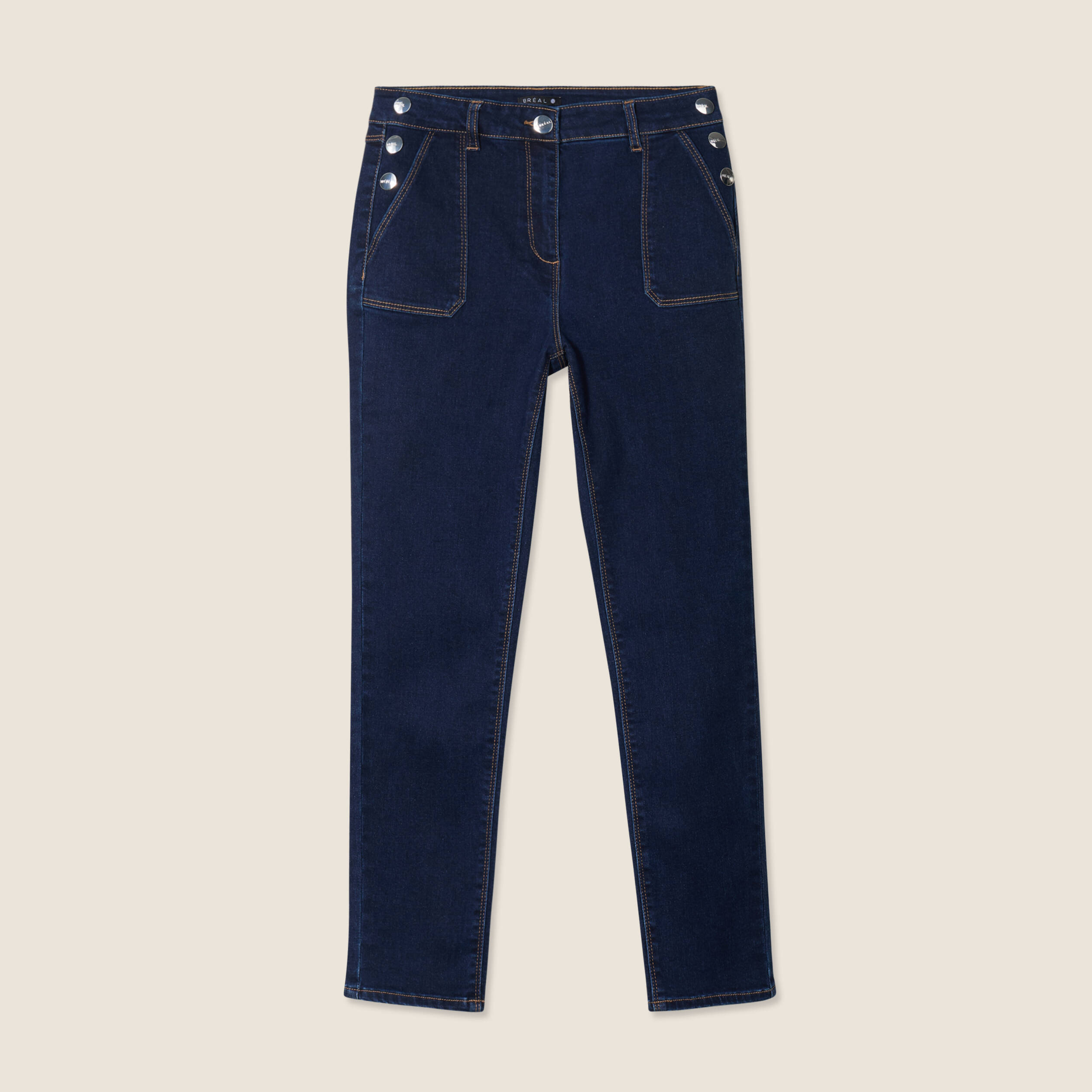 Jean ajusté boutons denim brut femme