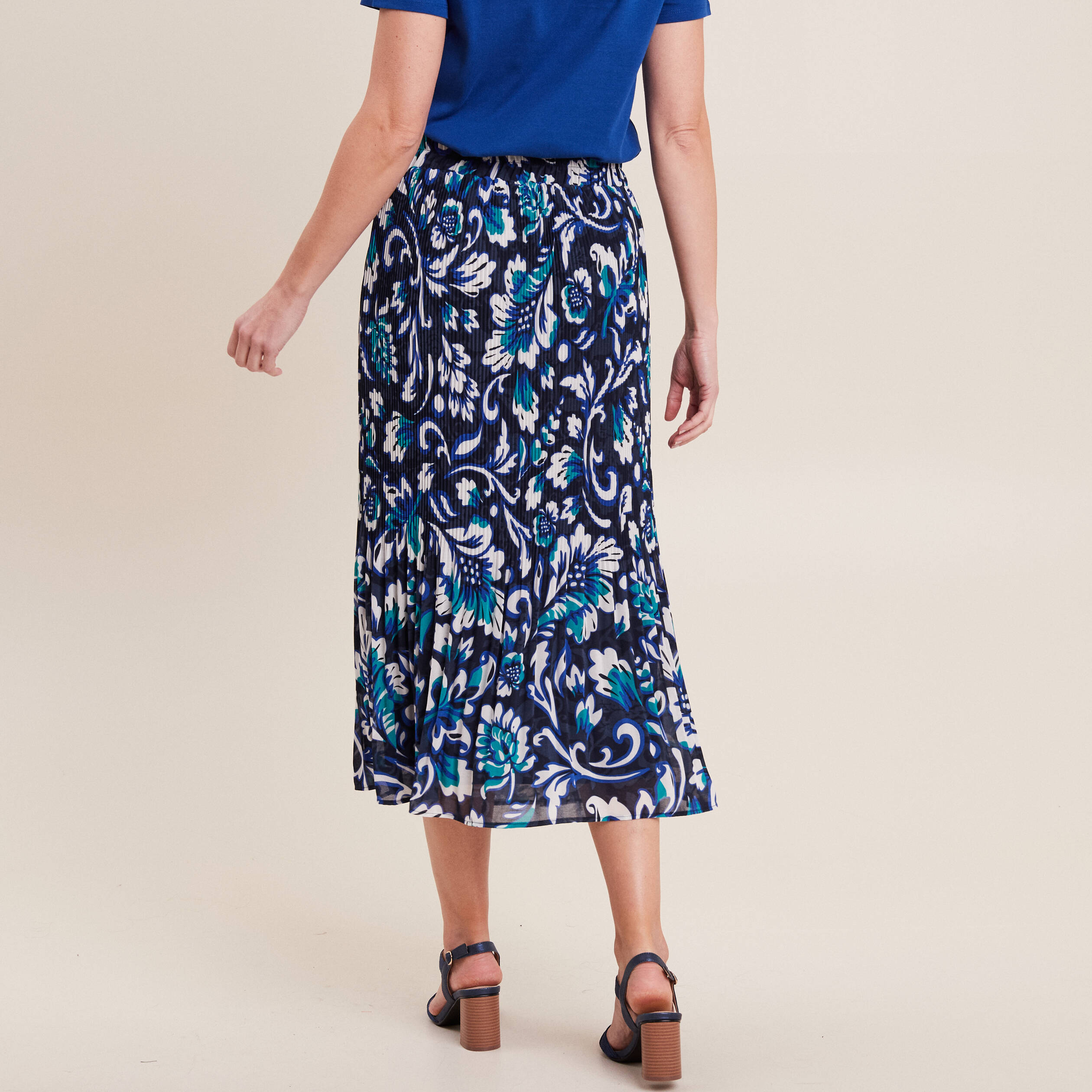 Jupe longue plissée imprimée bleu femme