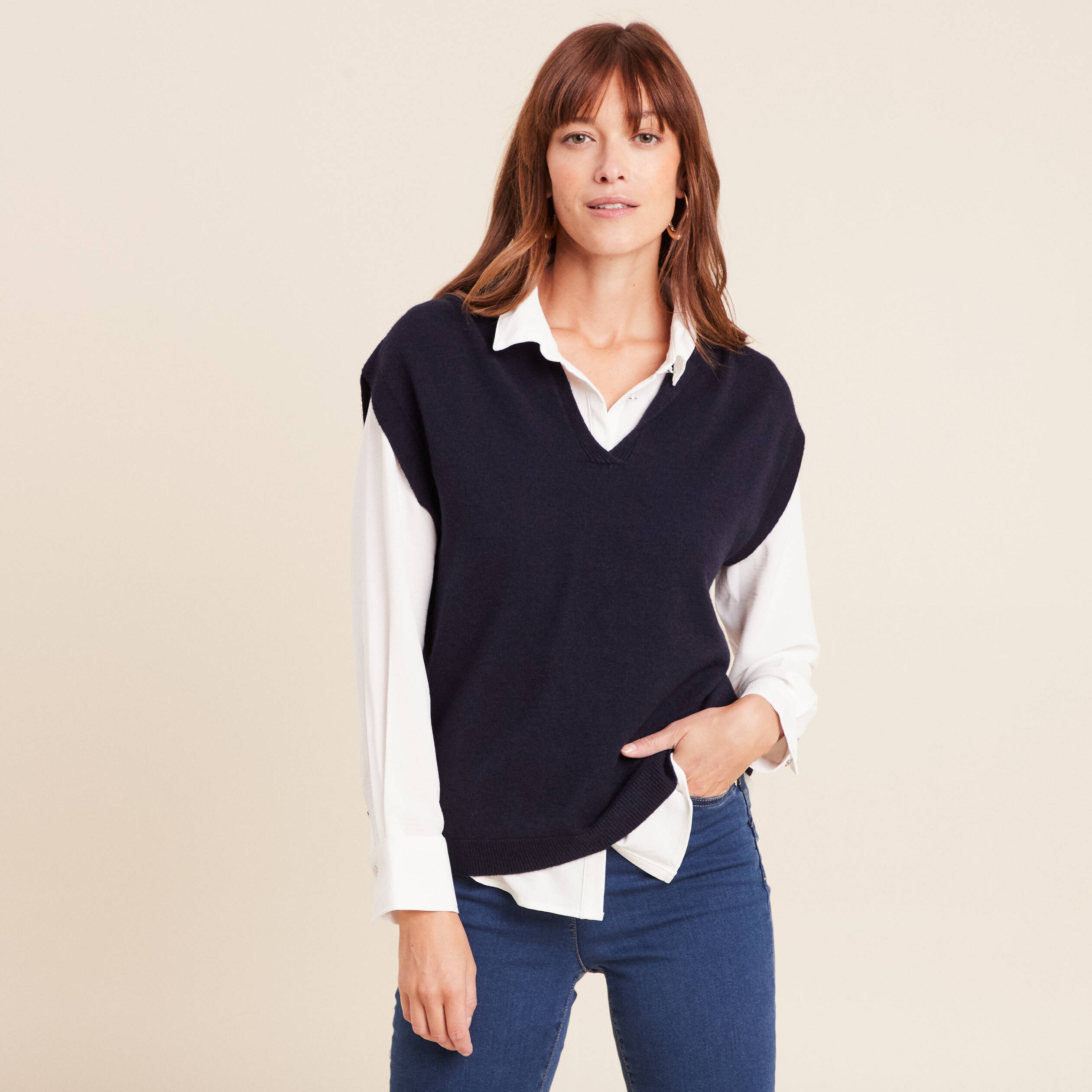 Pull sans manches col chemise bleu foncé femme Bréal