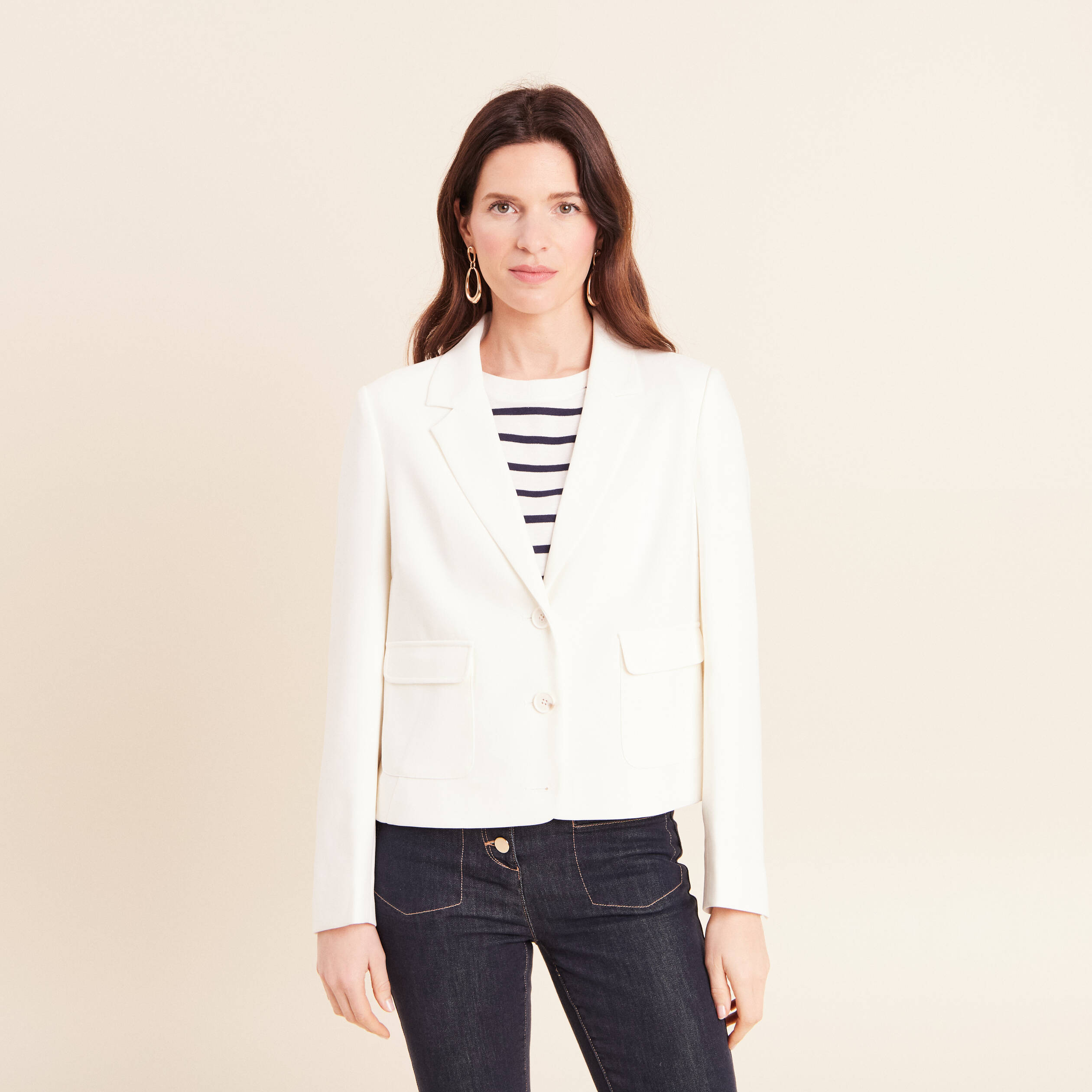 Veste droite courte &agrave; manches longues ecru femme