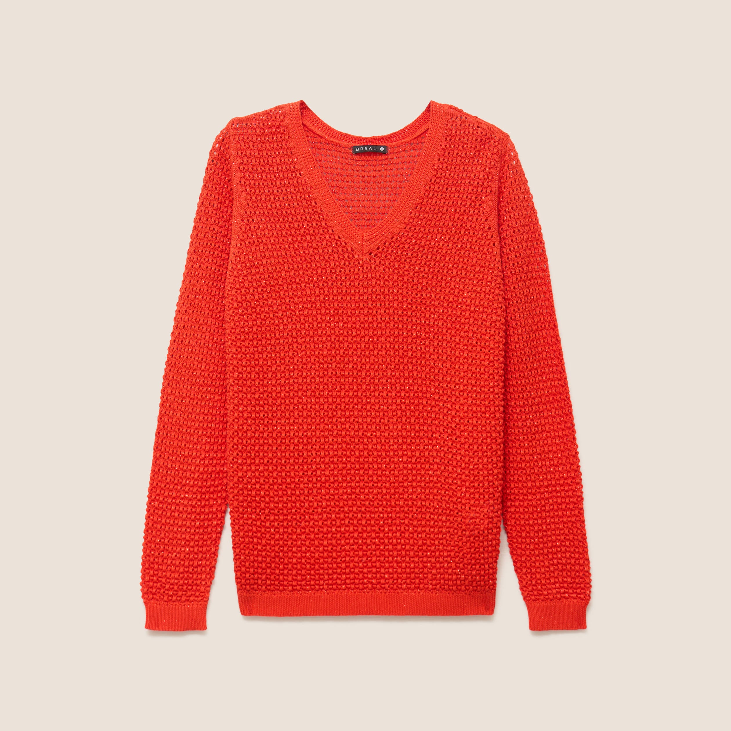 Pull manches longues col en V orange fonc&eacute; femme
