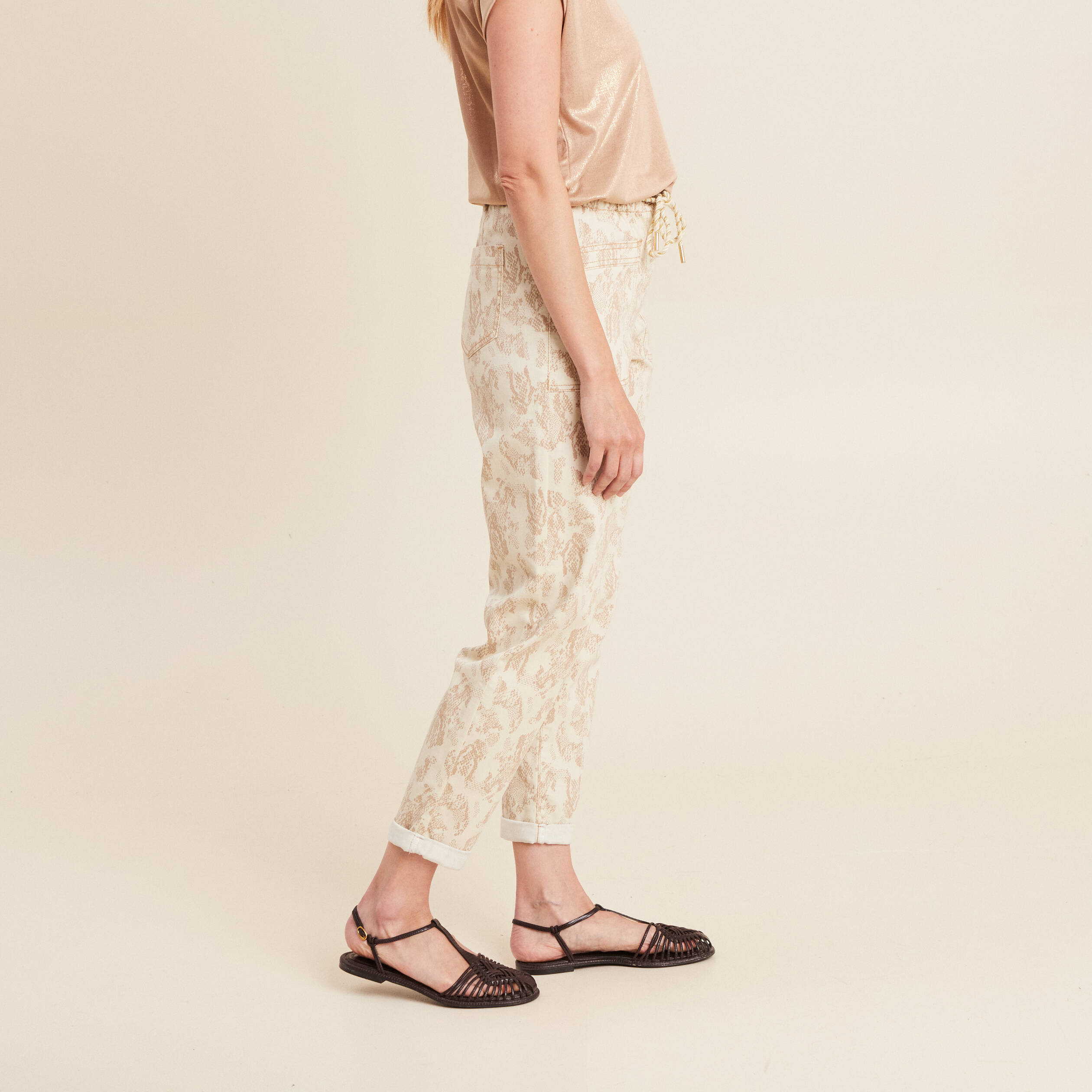 Pantalon paperbag 7/8ème beige femme