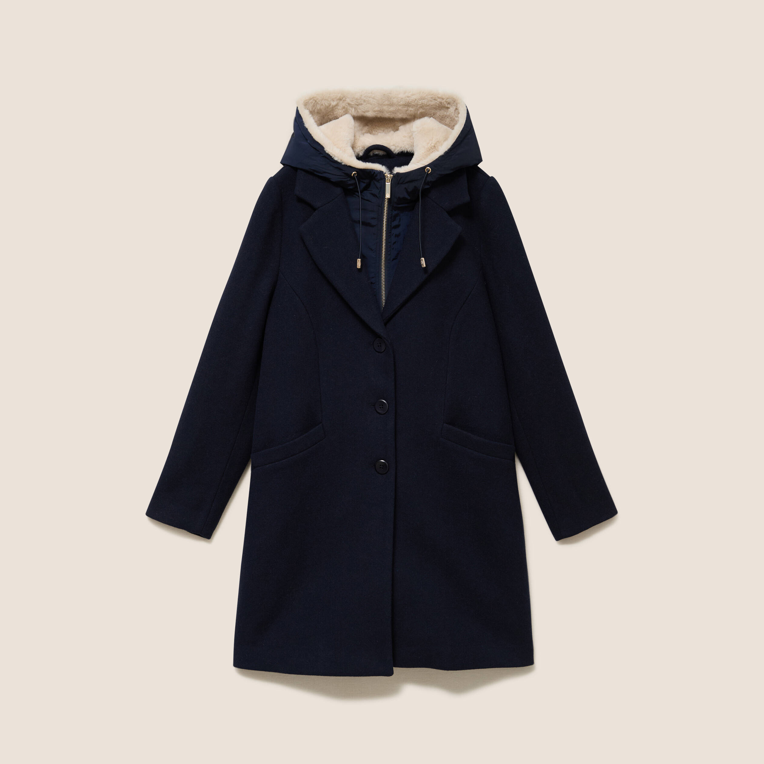 Manteau ajust&eacute; capuche amovible bleu fonc&eacute; femme