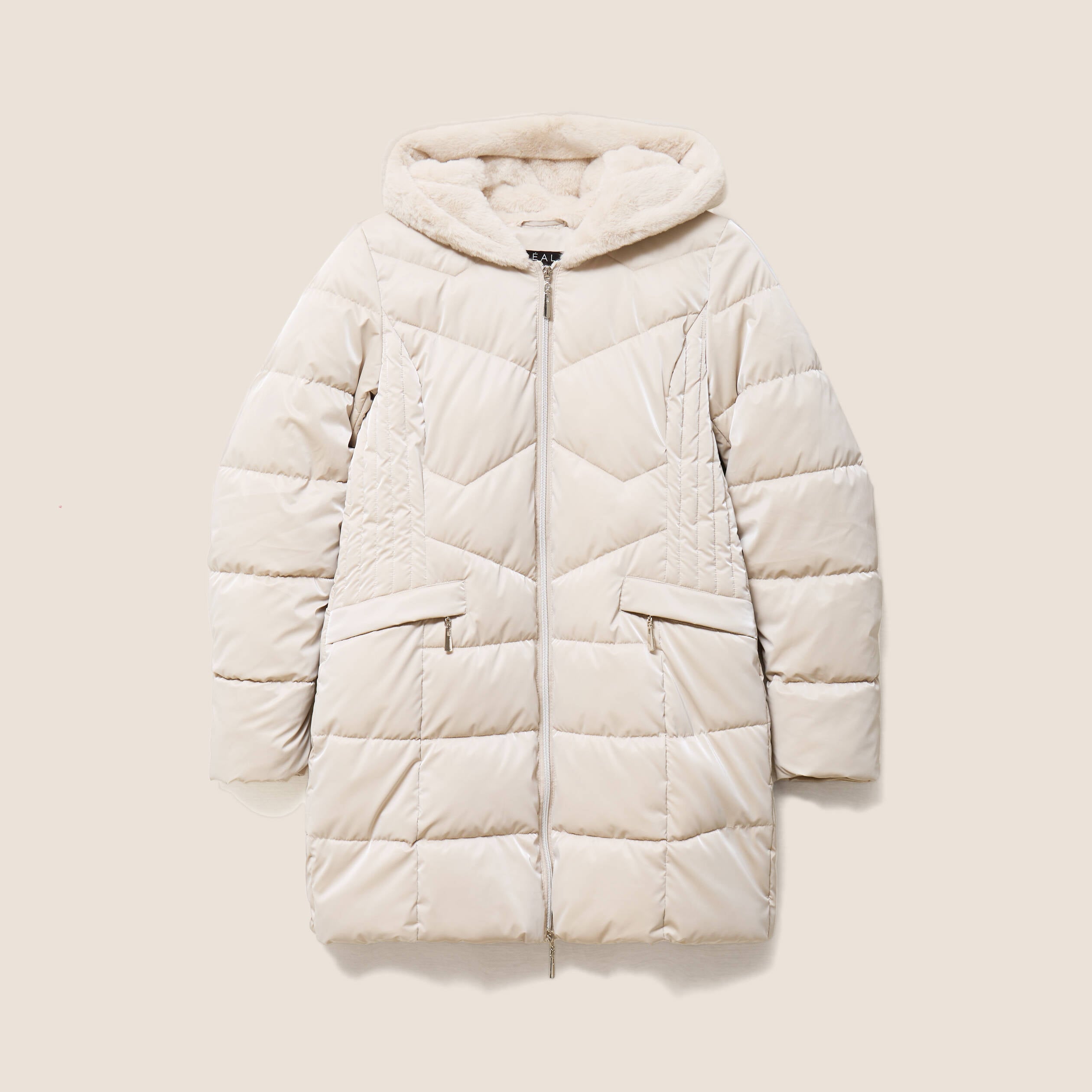 Doudoune mi-longue &agrave; capuche beige femme
