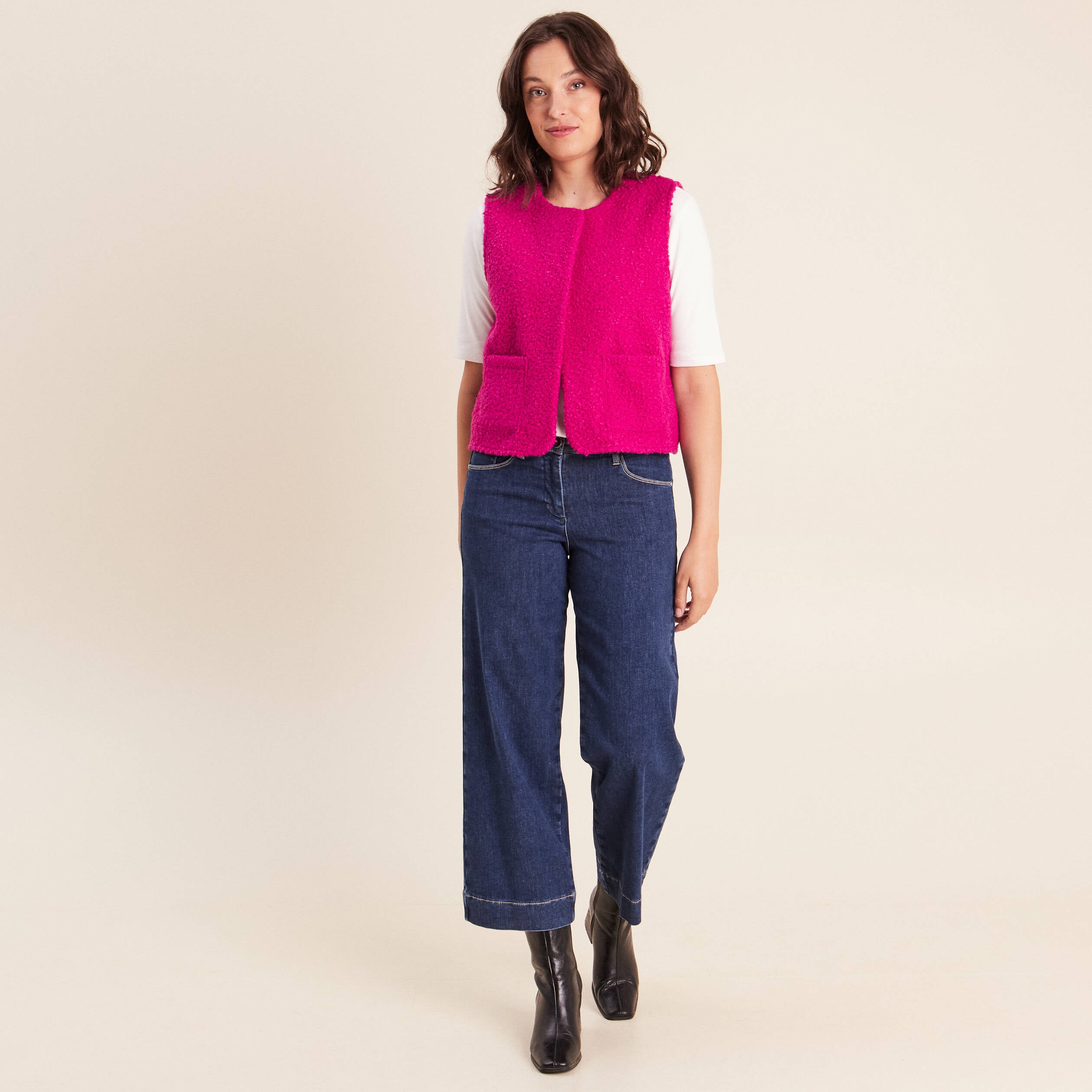 Gilet sans manches bouclette poches rose fushia femme