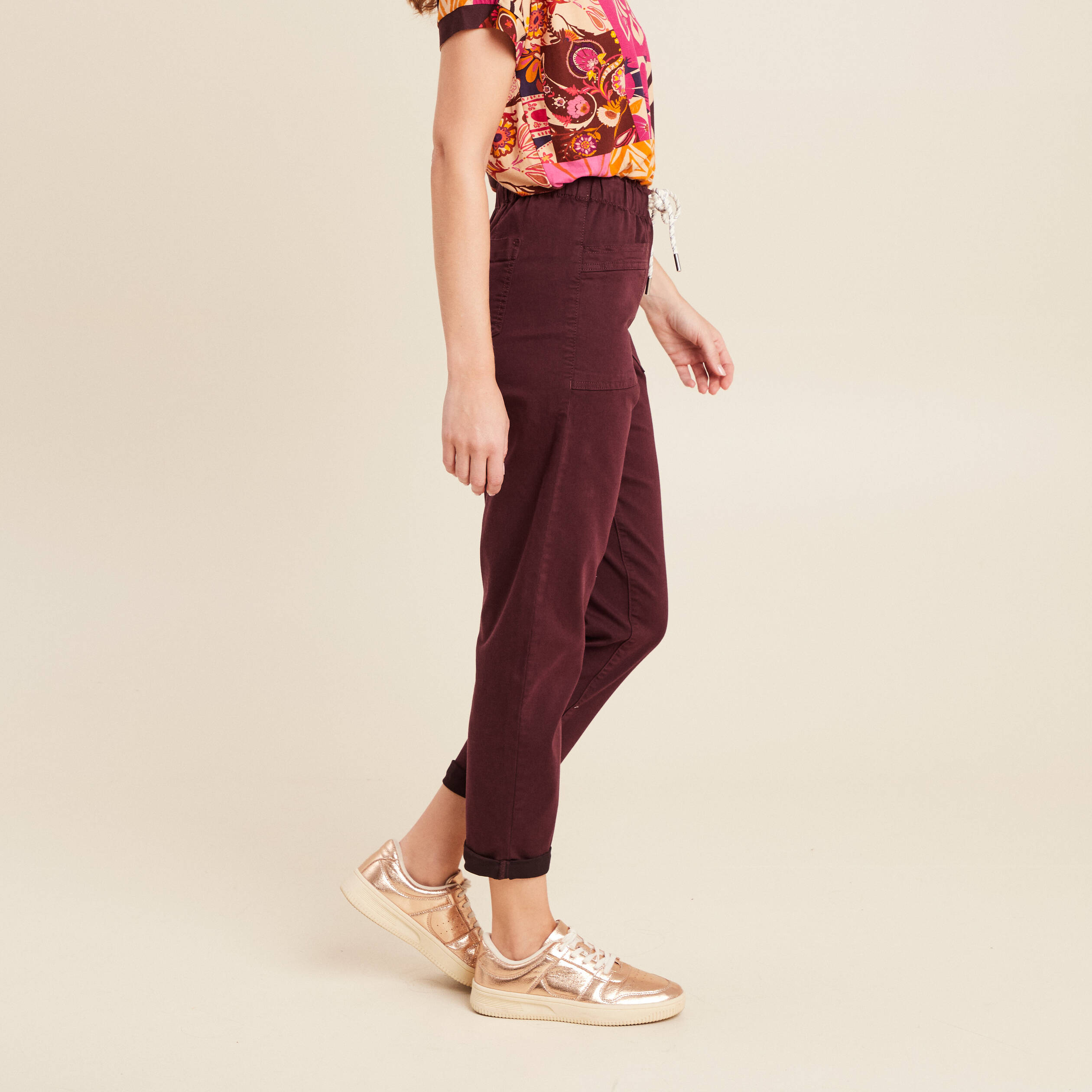 Pantalon coupe mom 7/8&egrave;me bordeaux femme