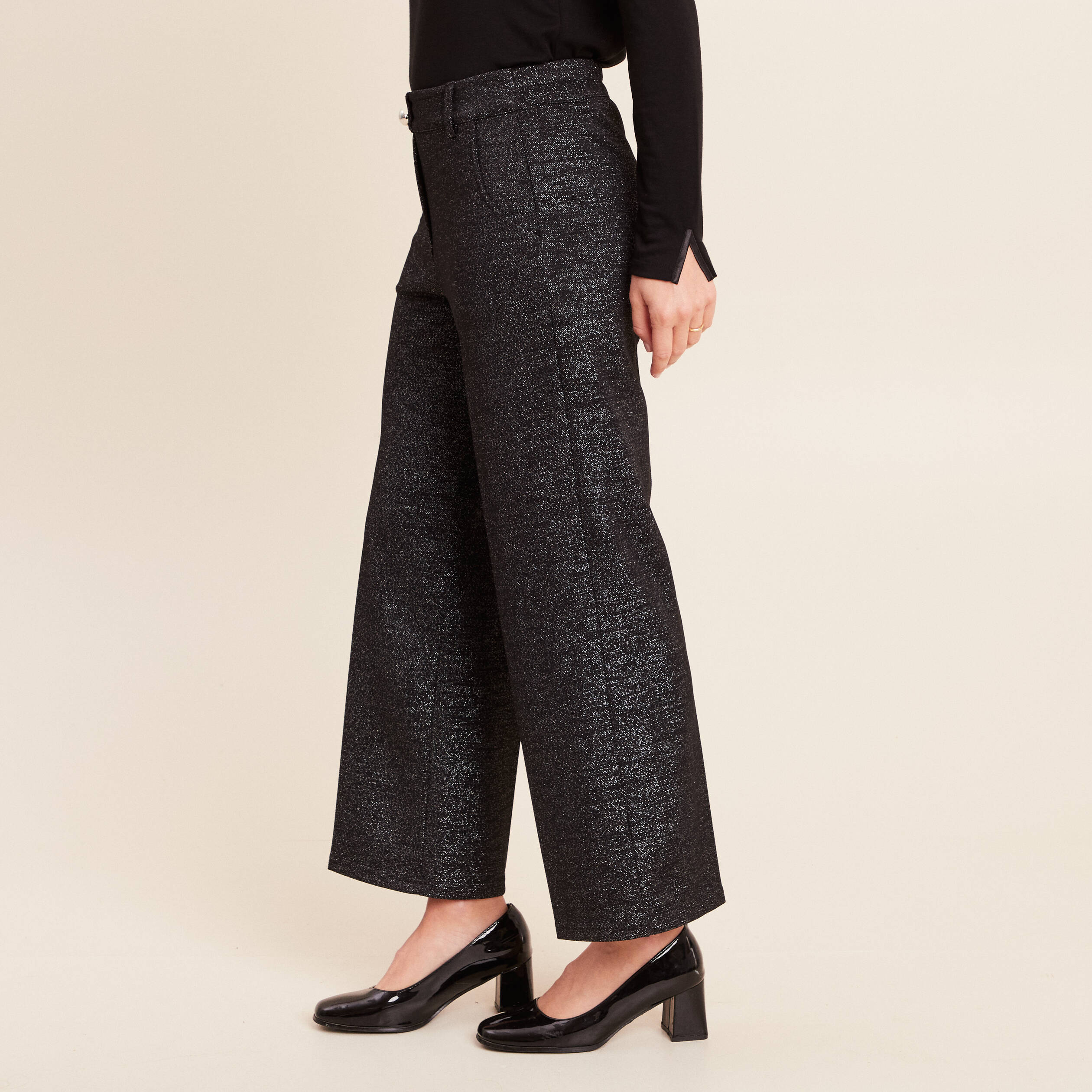 Pantalon large &agrave; paillettes noir femme