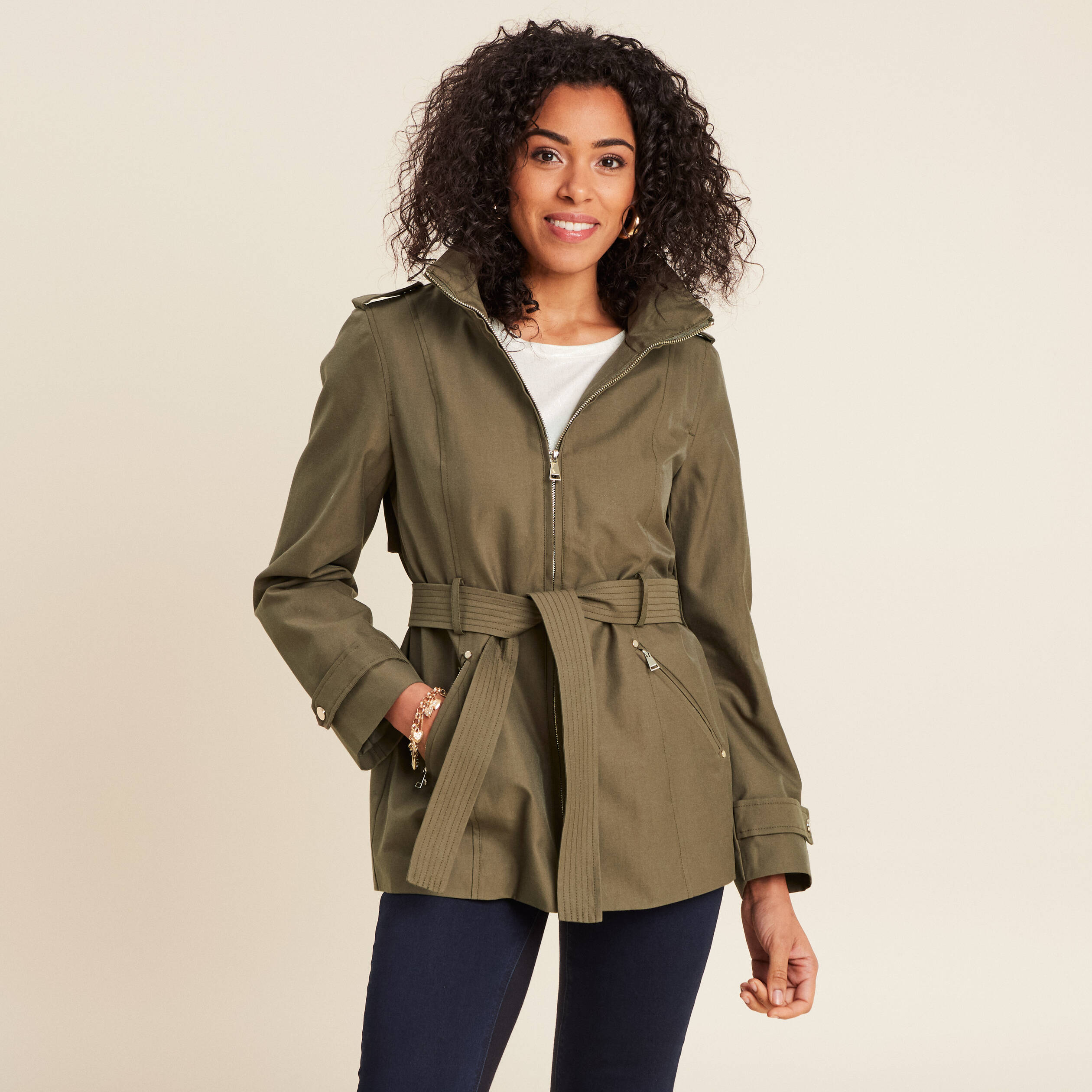 parka droite ceinturee vert olive femme Parka droite ceinturée vert olive femme
