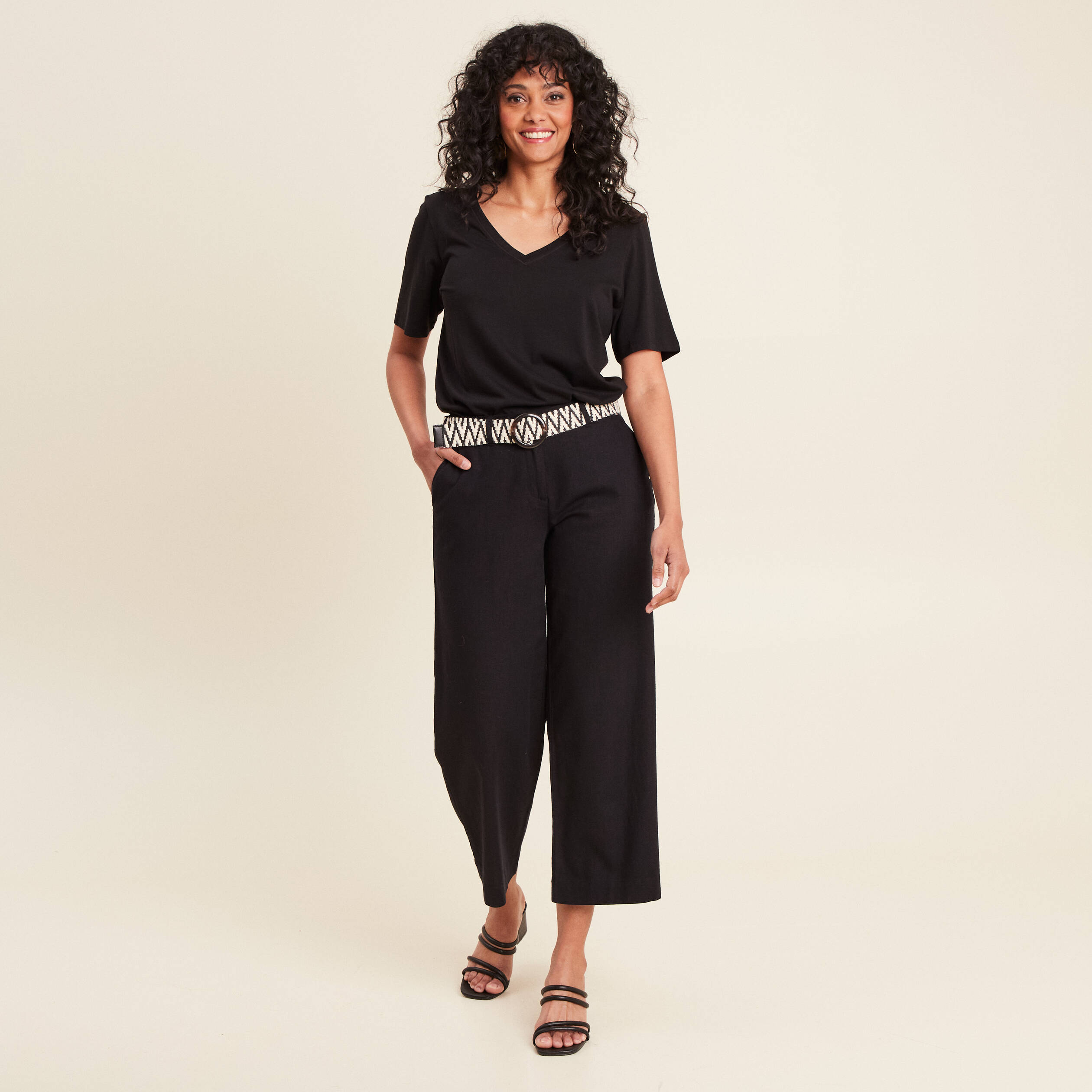 Pantalon large 7/8ème ceinturé noir femme