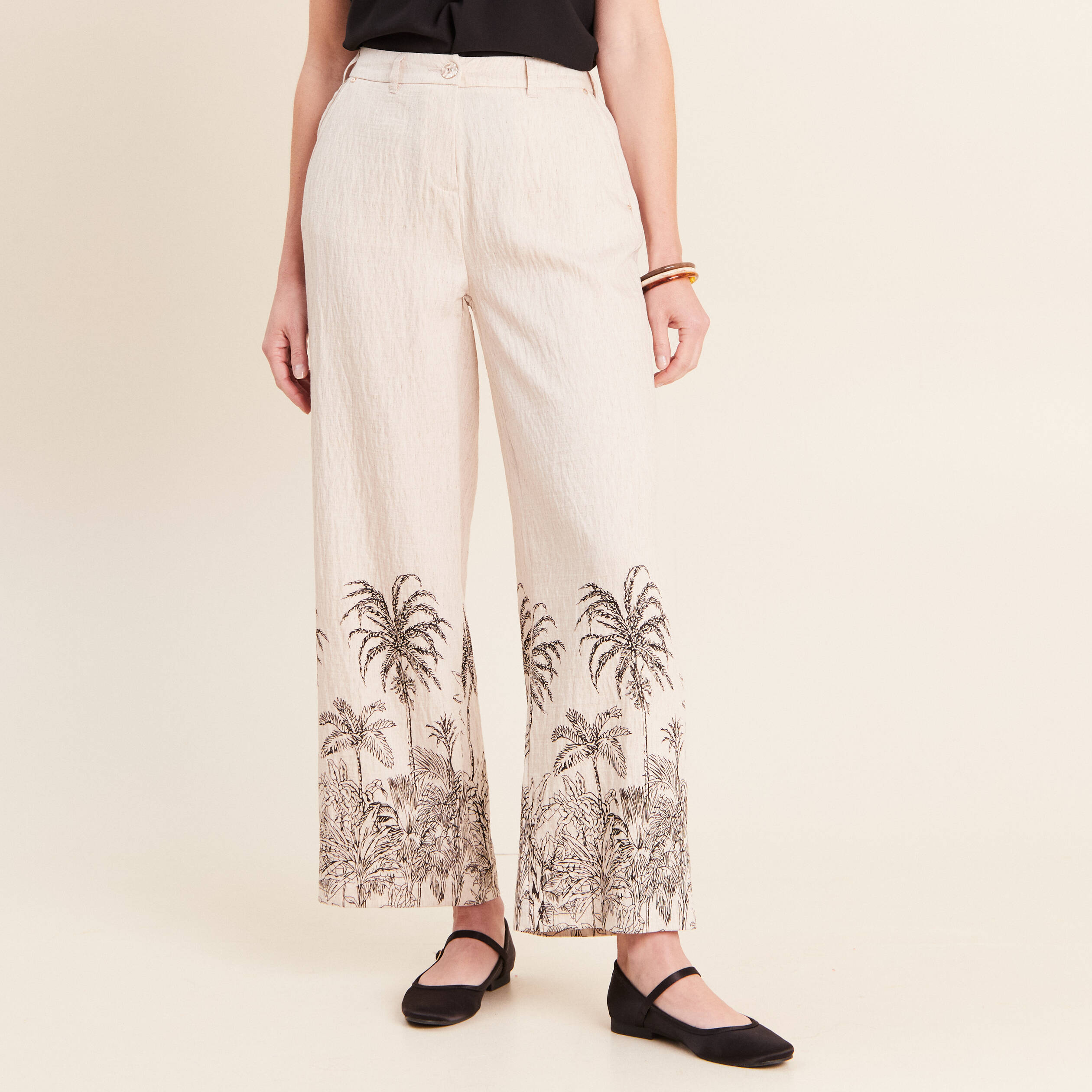 Pantalon large taille haute beige femme