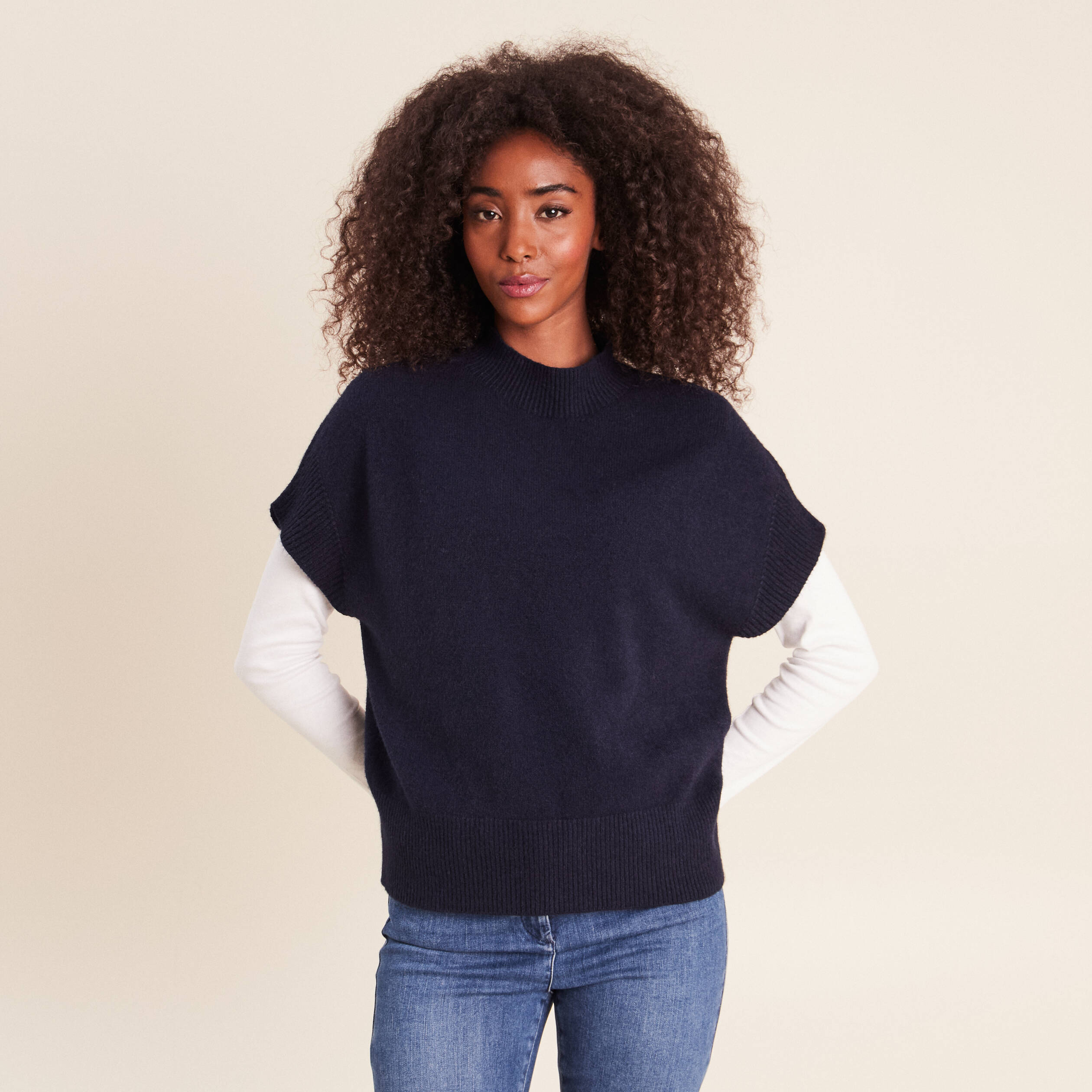 Pull col montant bleu marine femme
