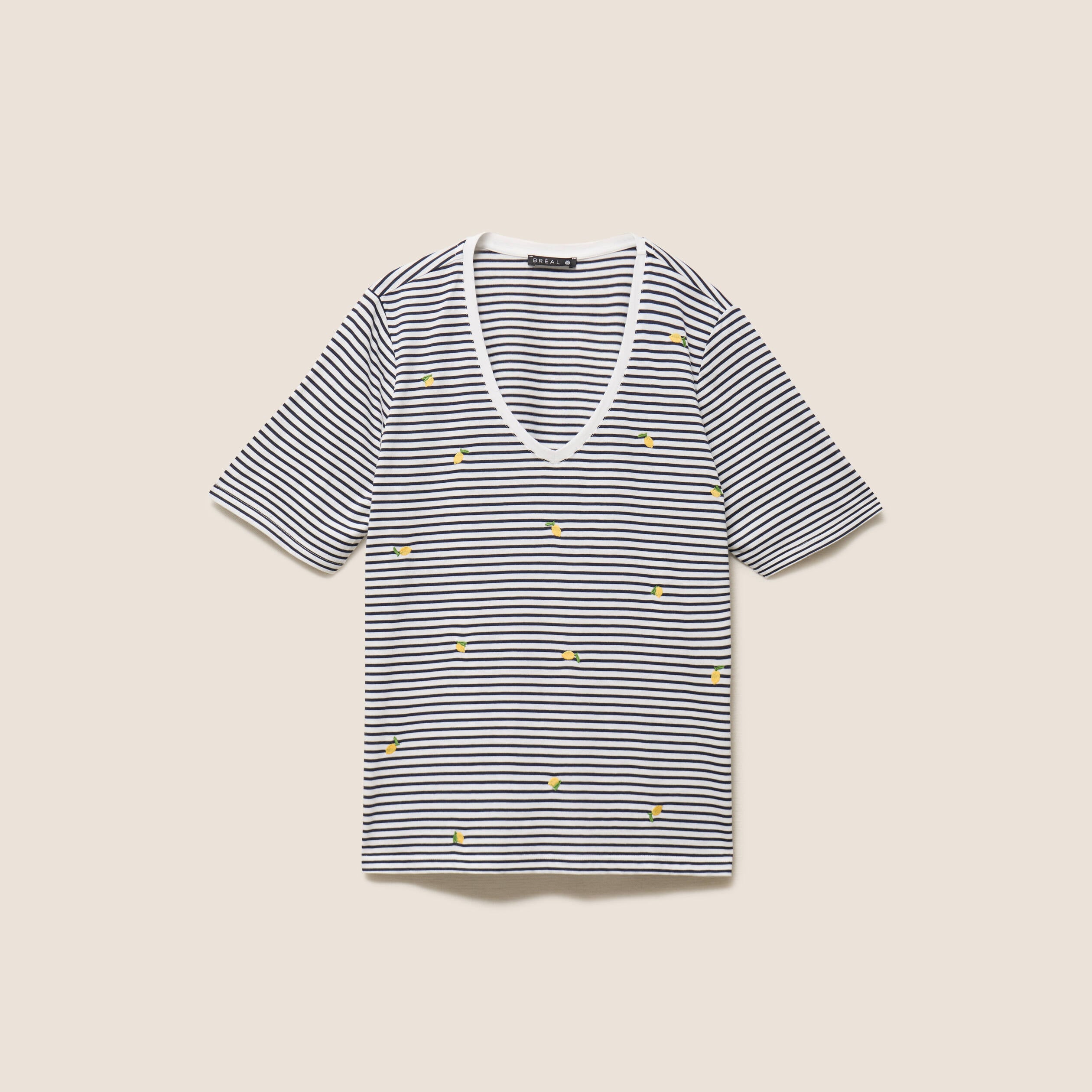 T-shirt droit broderie manches courtes bleu femme