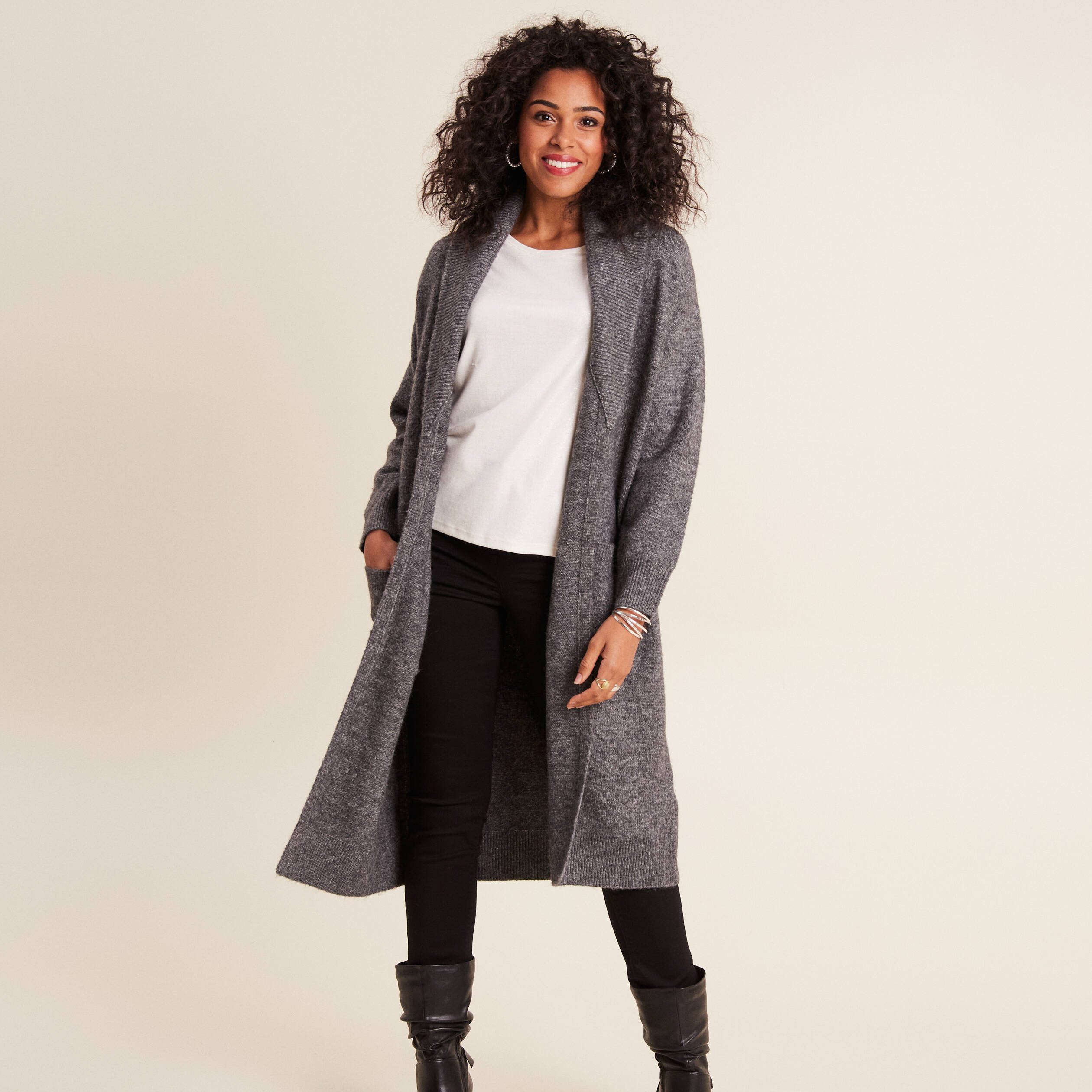gilet long manches longues gris fonce femme Gilet long manches longues gris foncé femme