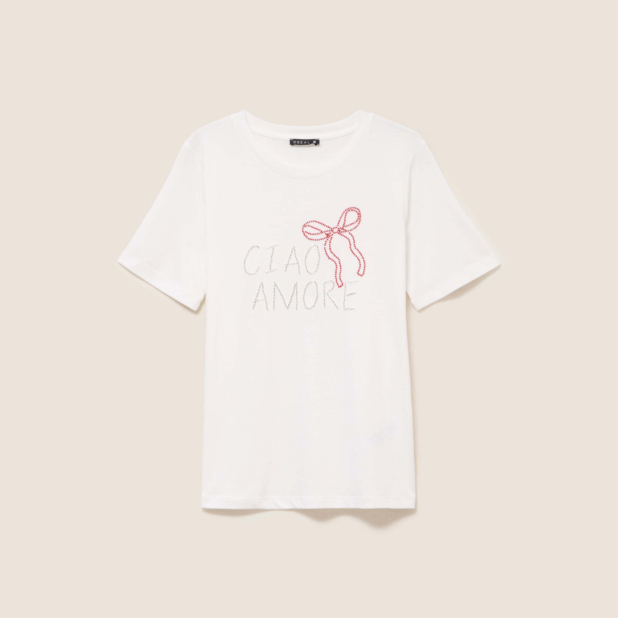 T-shirt col rond manches courtes brod&eacute; ecru femme
