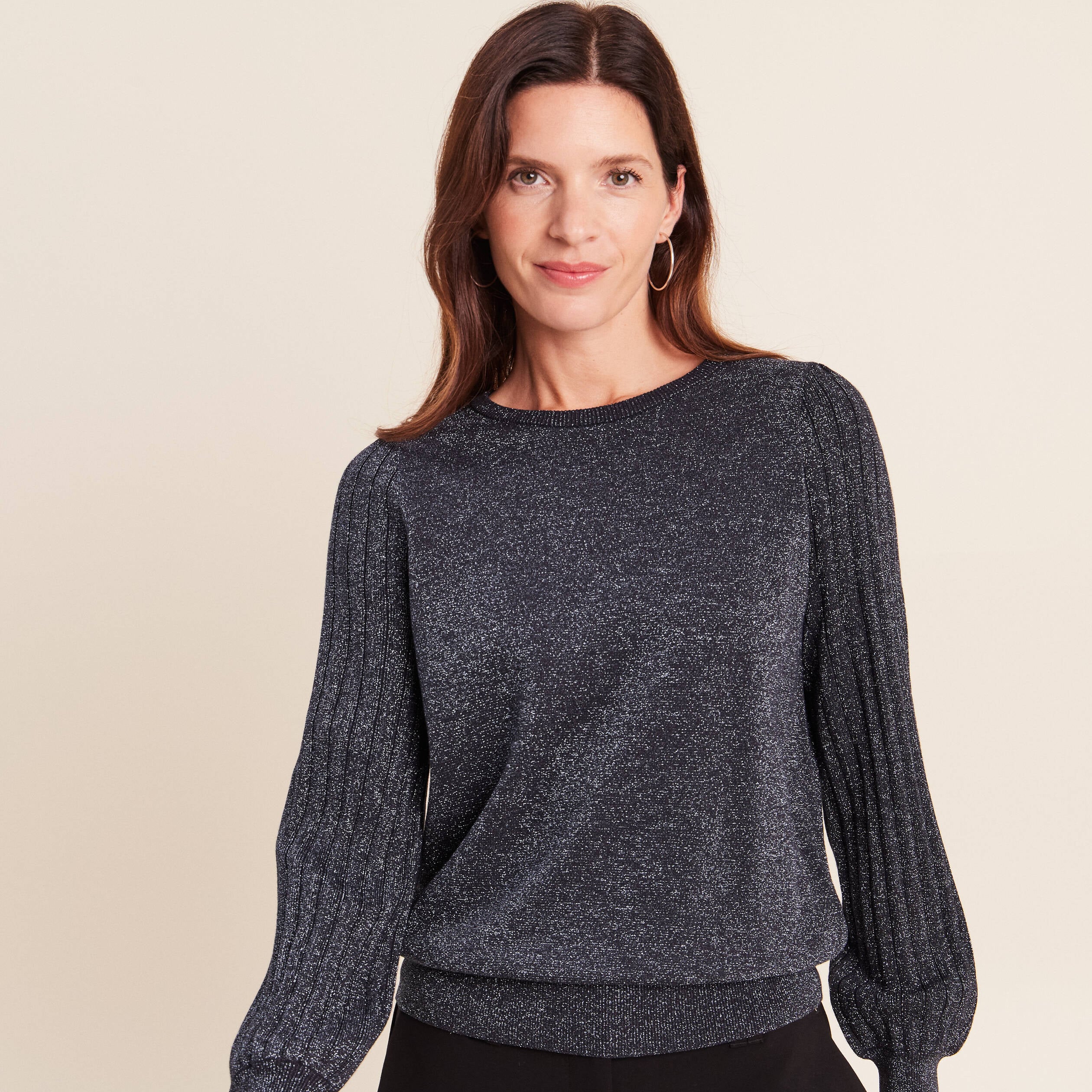 Pull cintr&eacute; col rond manches longues bleu fonc&eacute; femme