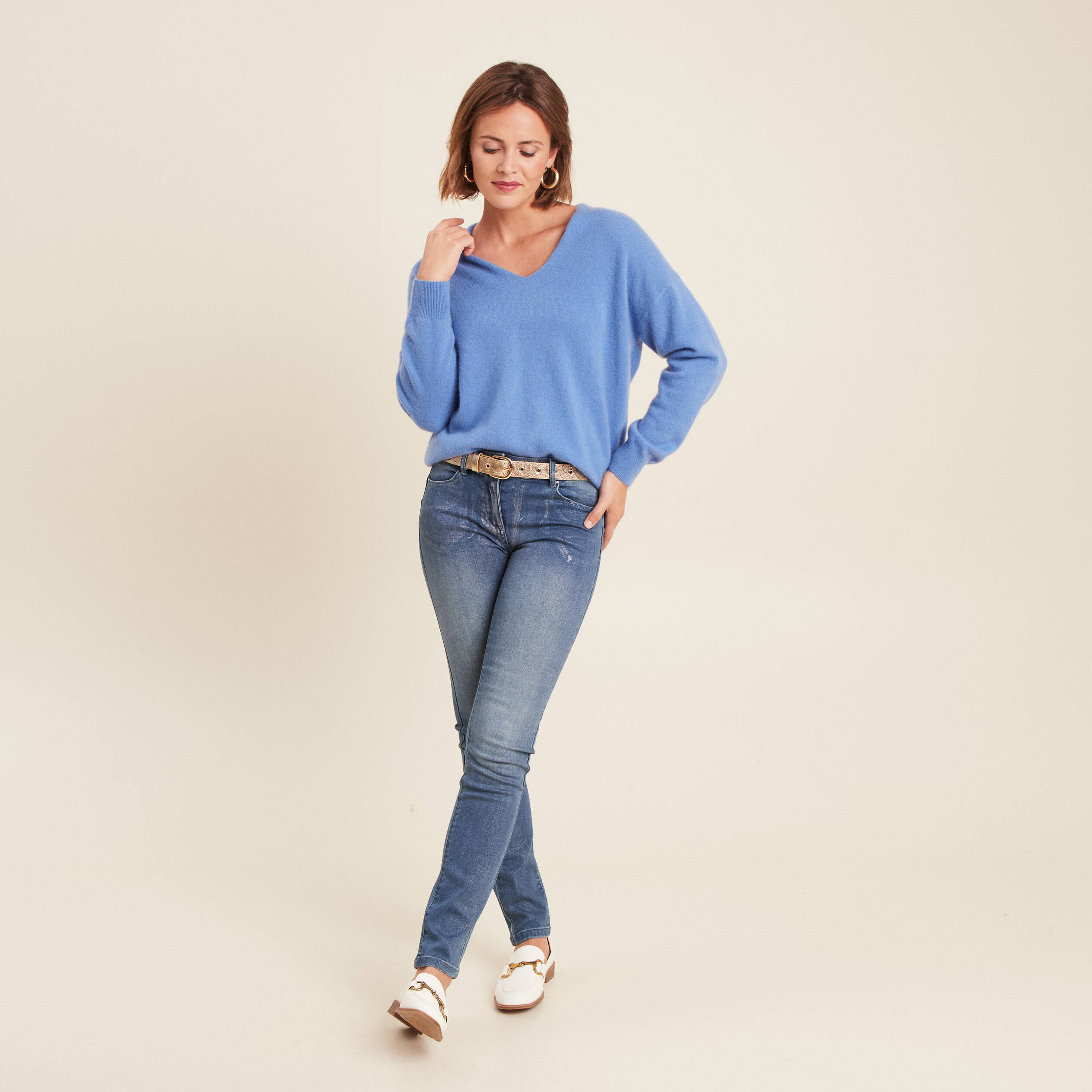 Pull en cachemire col v bleu violet femme