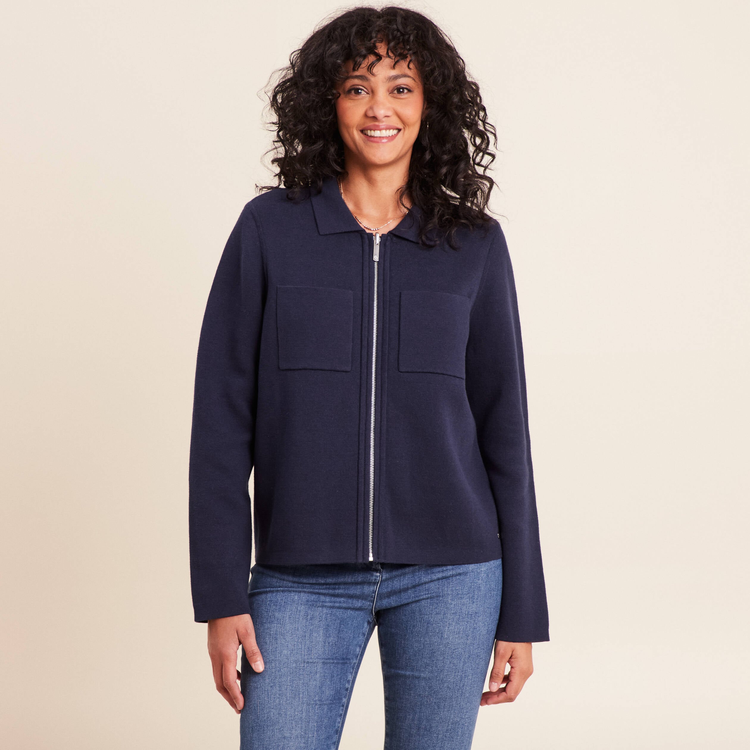 Gilet r&eacute;versible manches longues bleu femme