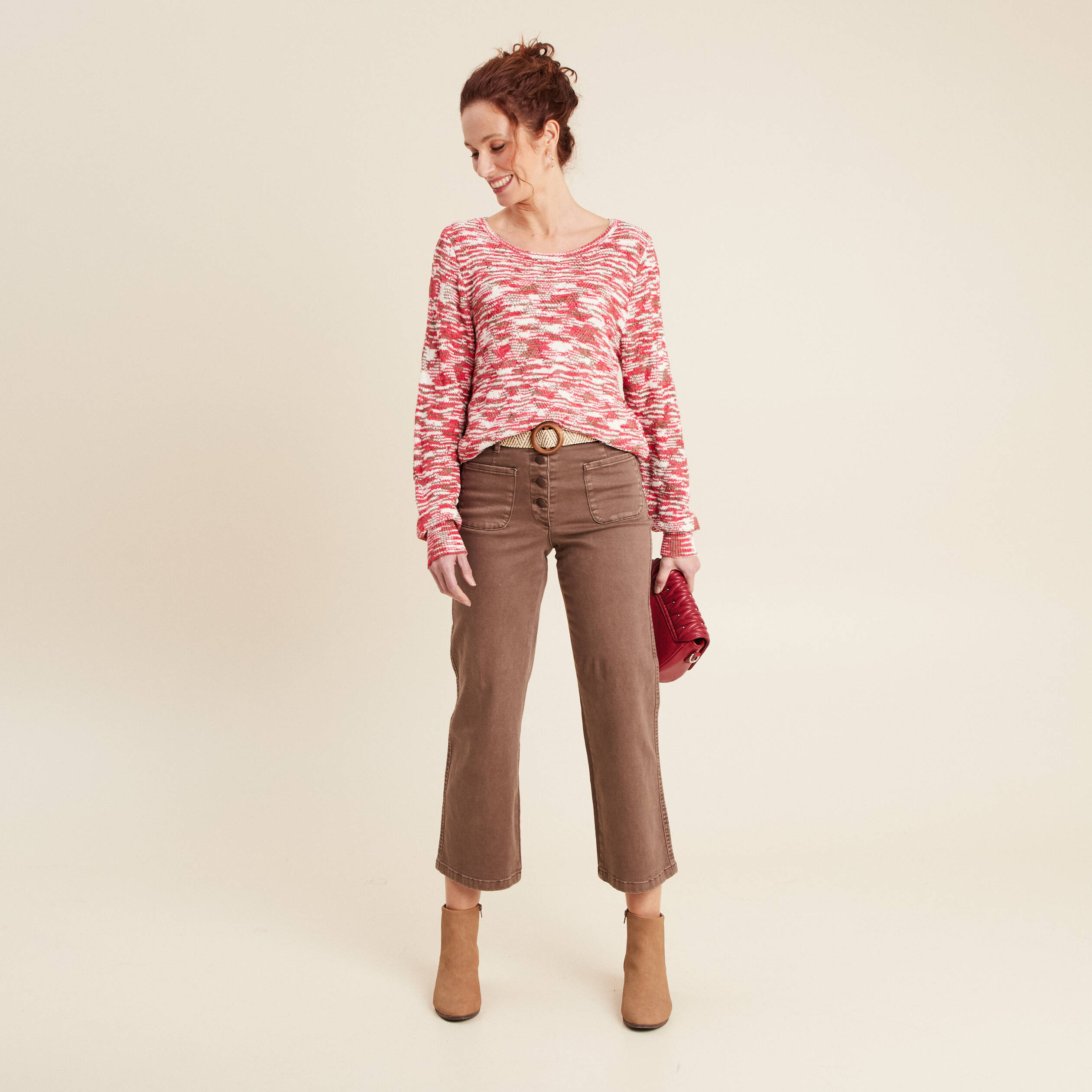 Pantalon large ceinturé 7/8ème bordeaux femme