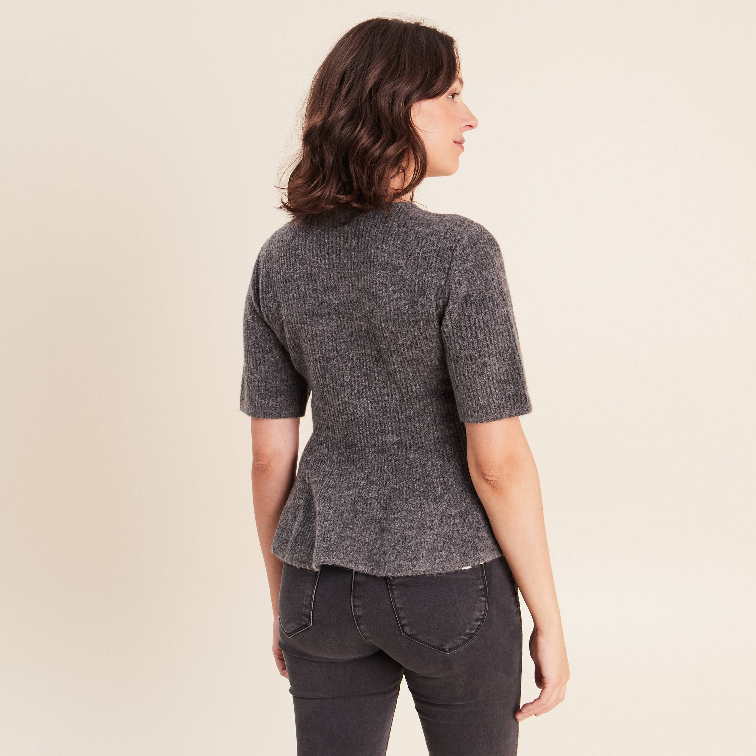 Pull col rond gris clair femme