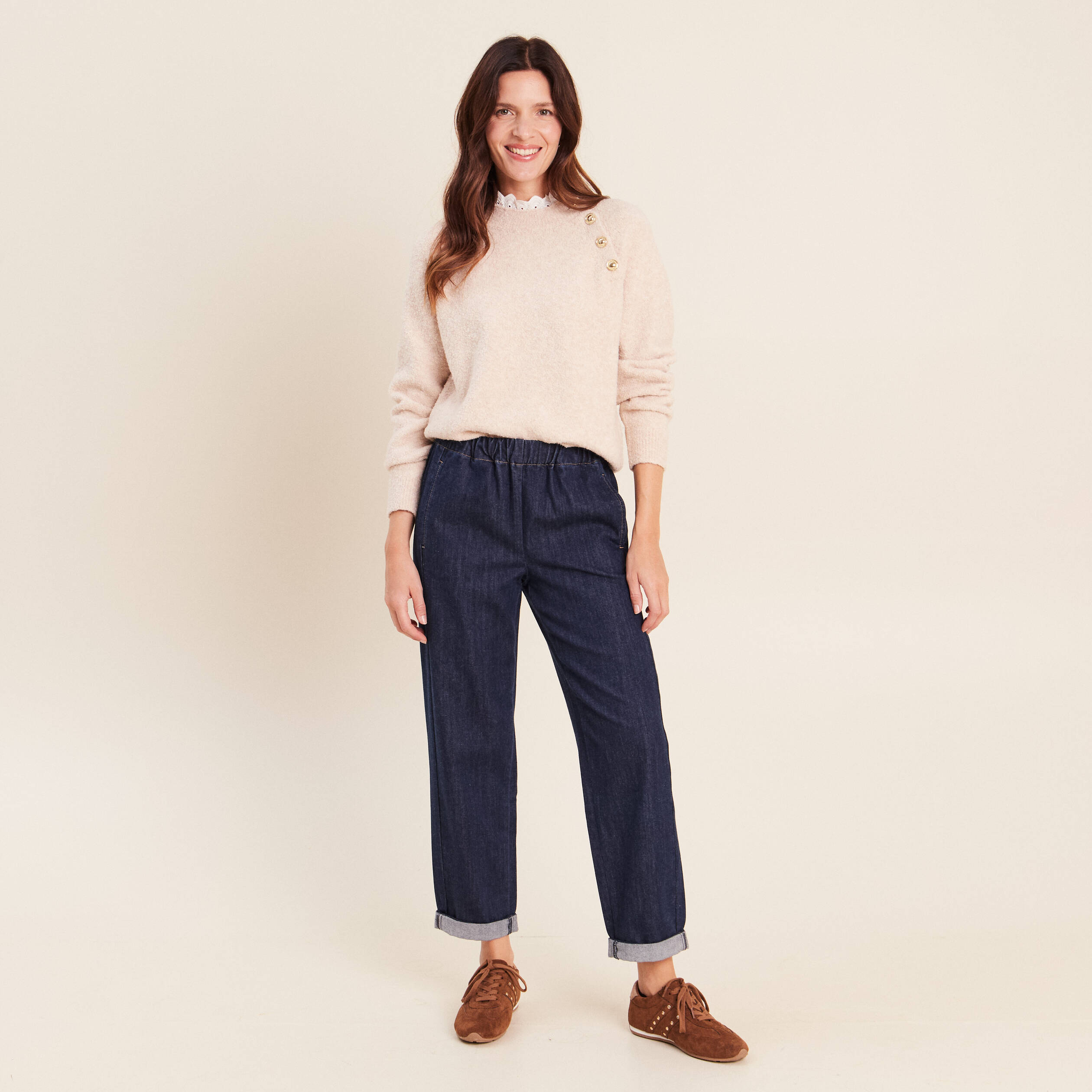 Pull bi-mati&egrave;re col montant ecru femme