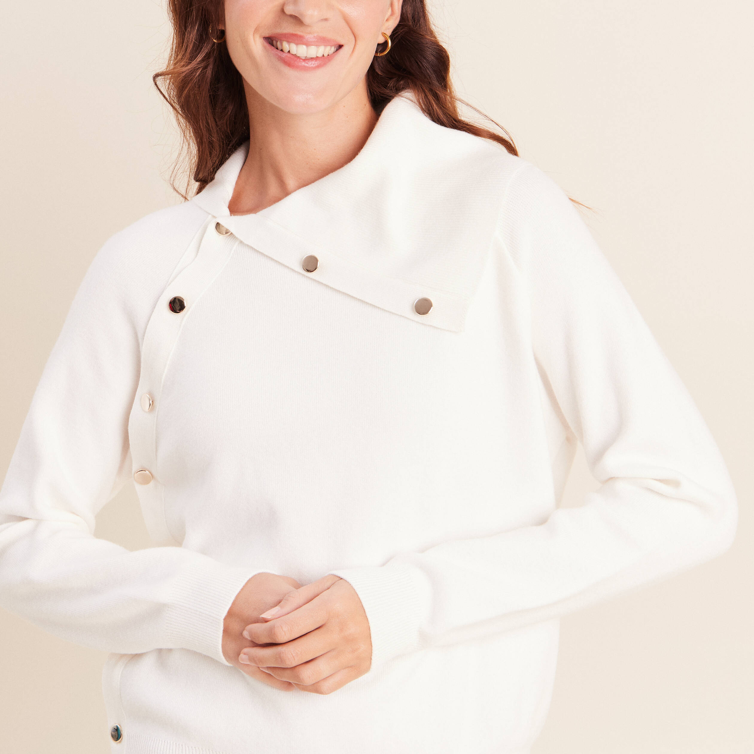 Pull droit col montant manches longues ecru femme