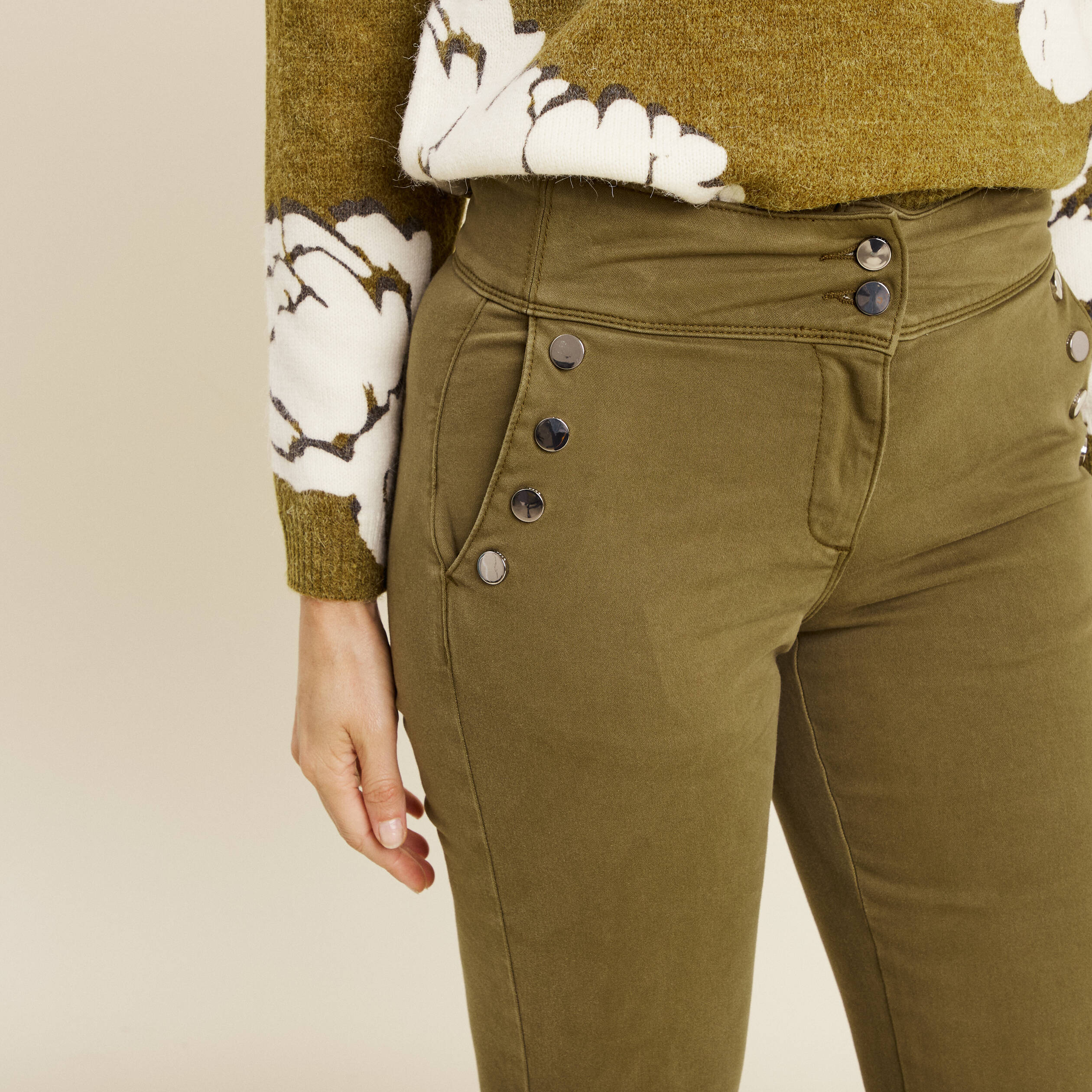 Pantalon coupe bootcut &agrave; pont vert olive femme